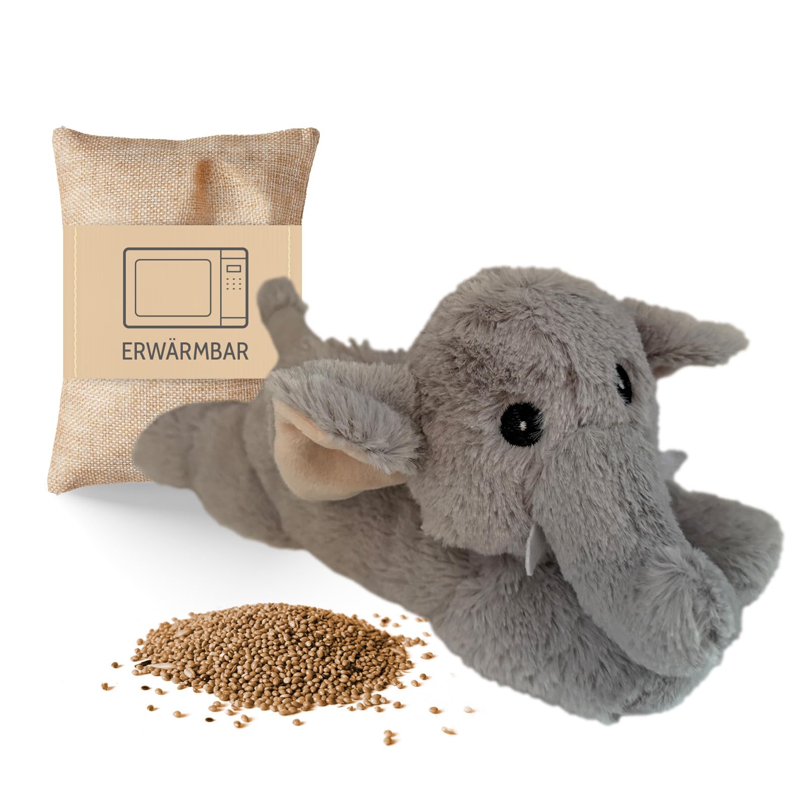 Habibi Premium MIDI Deluxe – Wärmekissen/Stofftier f. Babys und Kinder - 2043 Mini Elefant herausnehmbare Hirsefüllung, zum Erwärmen in der Mikrowelle, auch für Erwachsene geeignet (Elefant)
