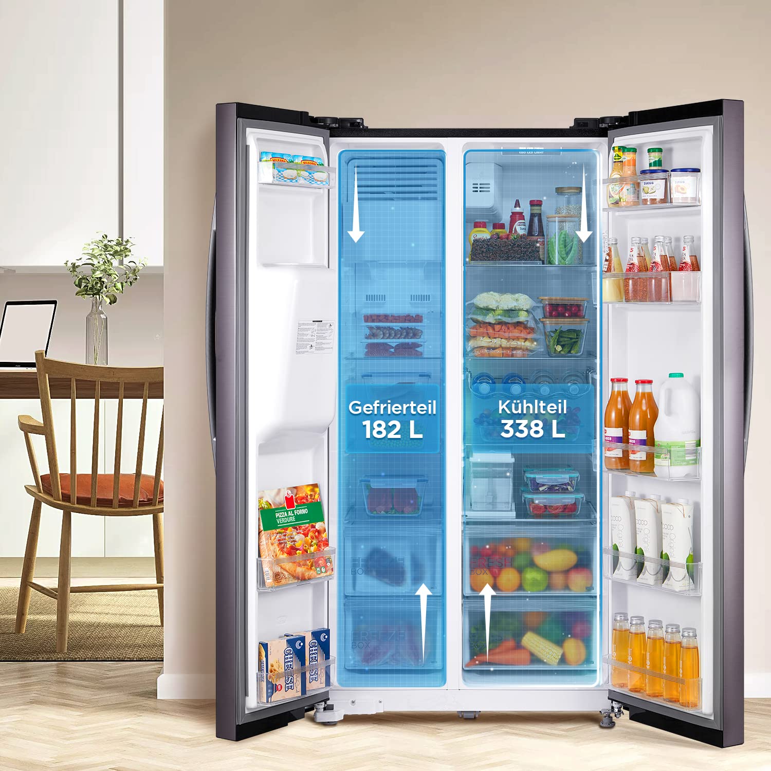 Midea KS-DDX 6.32 WT Side-by-Side Kühl-/Gefrierkombination/ 178,8 cm Höhe/ 254 kWh/Jahr/No Frost/Dual Inverter Compressor/mit 3in1 Wasser-/Eisspender und Wassertank, Dark Inox