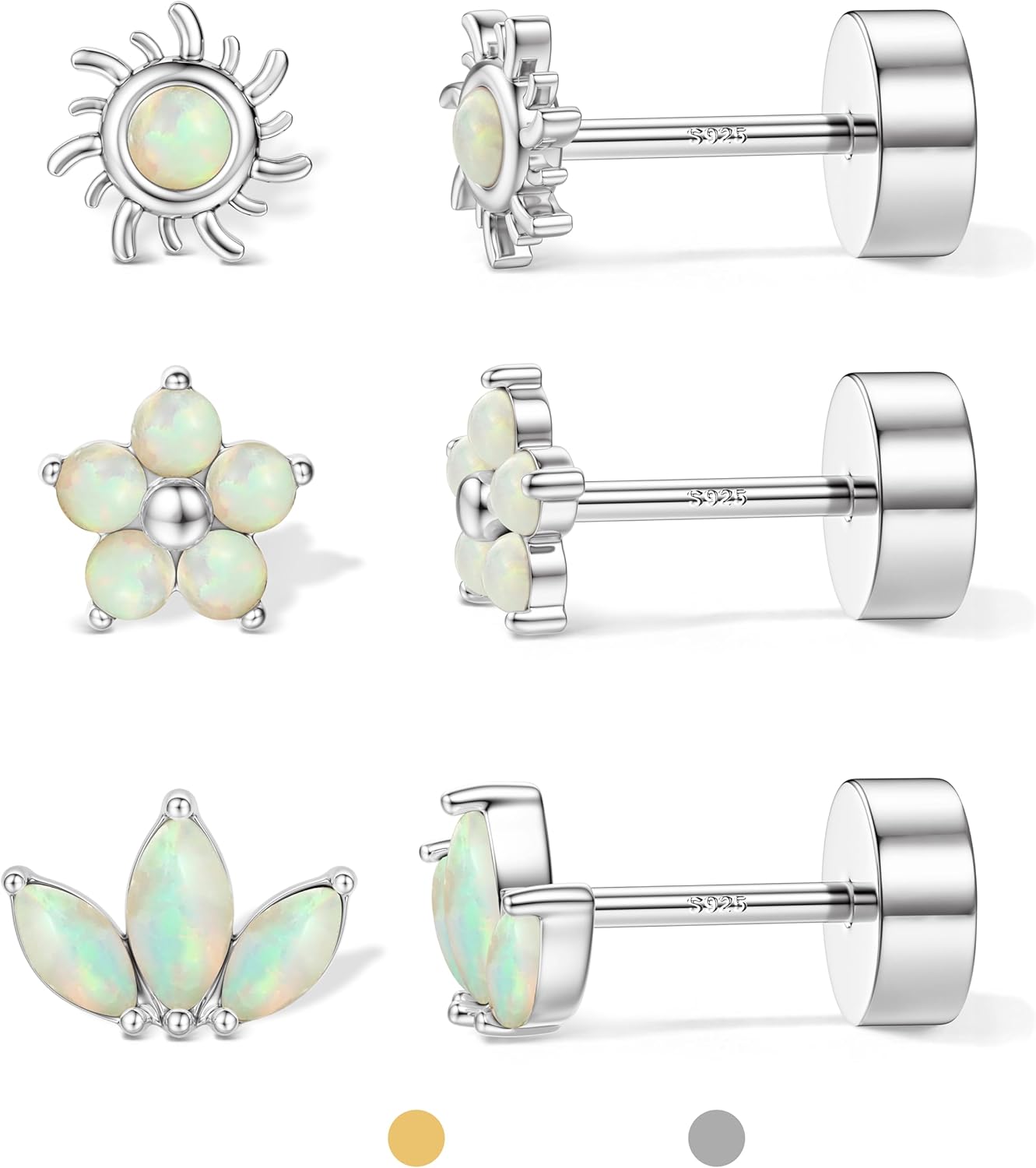 ORAZIO 925 Sterling Silver Flat Back Stud Earrings for Women Hypoallergenic 14K Gold Plated Cartilage Earrings for Sensitive Ears Small CZ Opal Conch Helix Tragus Piercing Jewelry 3 Pairs 20G