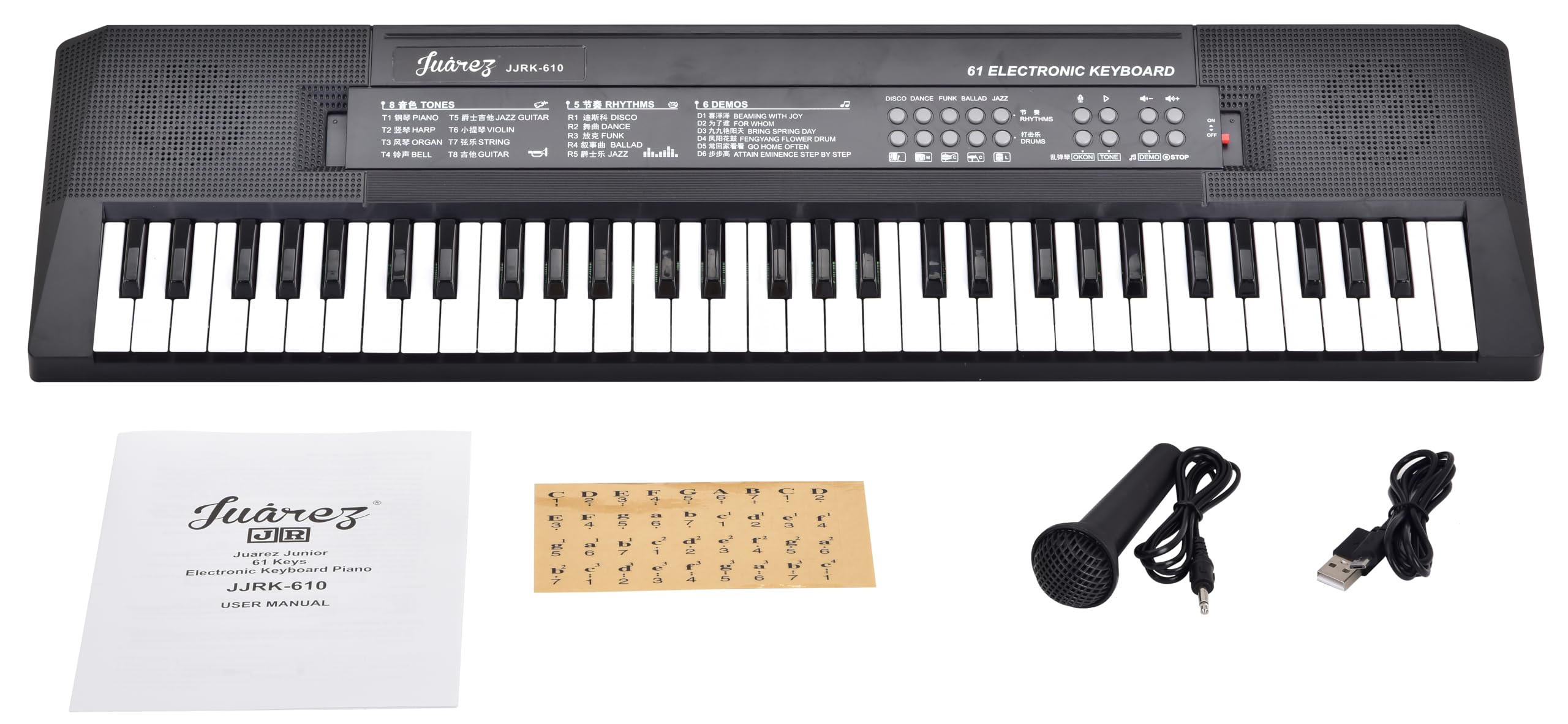 Juarez Junior 61 Keys Electronic Keyboard with Microphone, USB Power Cord, Note Stickers, Single Speaker, Song Record/Play, OKON Mode, 8 Tones, 5 Rhythms, 6 Demos-image-19