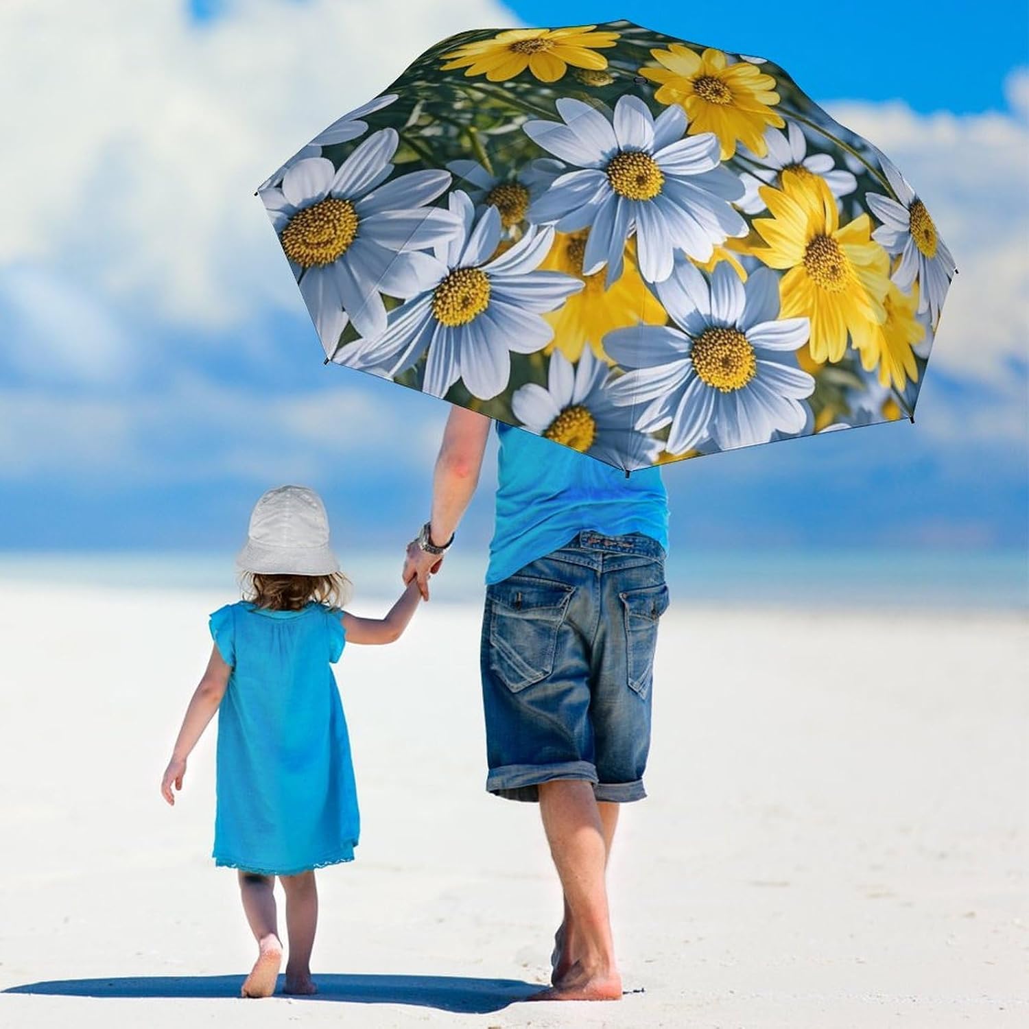 Blue And Yellow Flowers Golf Umbrellas-2 Fold Automatic,Windproof Umbrella with Portable,Strong,Folding Umbrella for Women Men