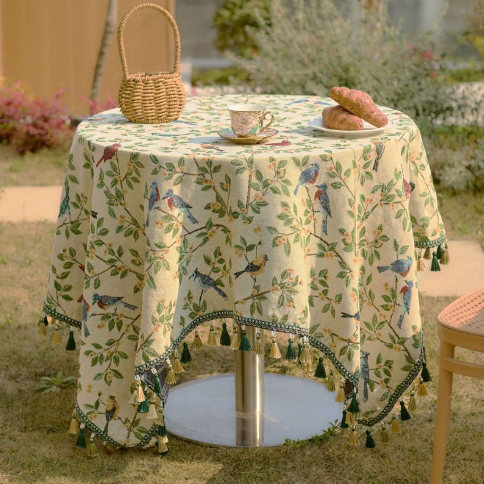 Nappe jacquard motif floral oiseaux rectangulaire housse table basse