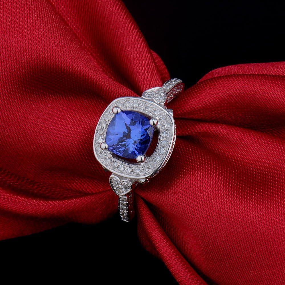 14K Solid White Gold Deep Blue Tanzanite Engagement Diamonds Ring Wedding Band for Women Promotion