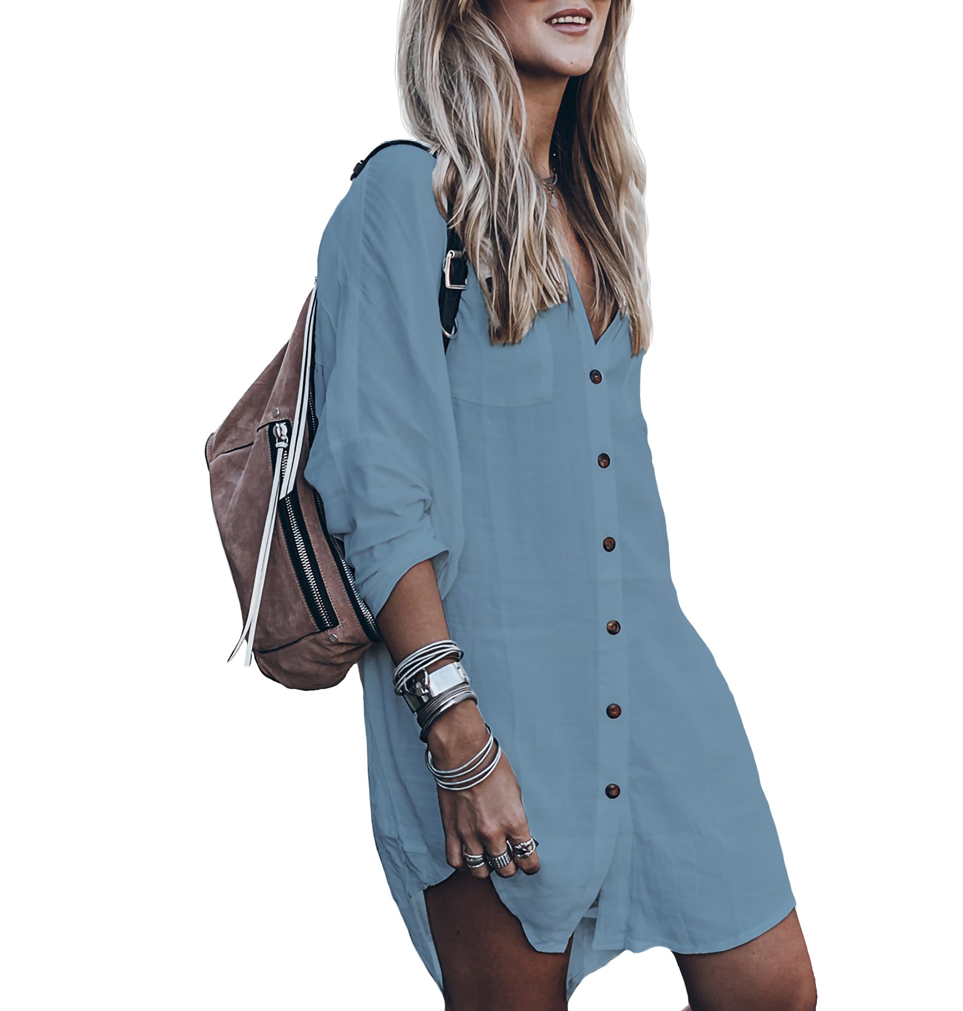 Women’s Swimsuit Cover up,Silky Button Down Shirt Midi Dress Kimono,Summer Bathing Suit Beach Coverups for Women (CP-Aline)