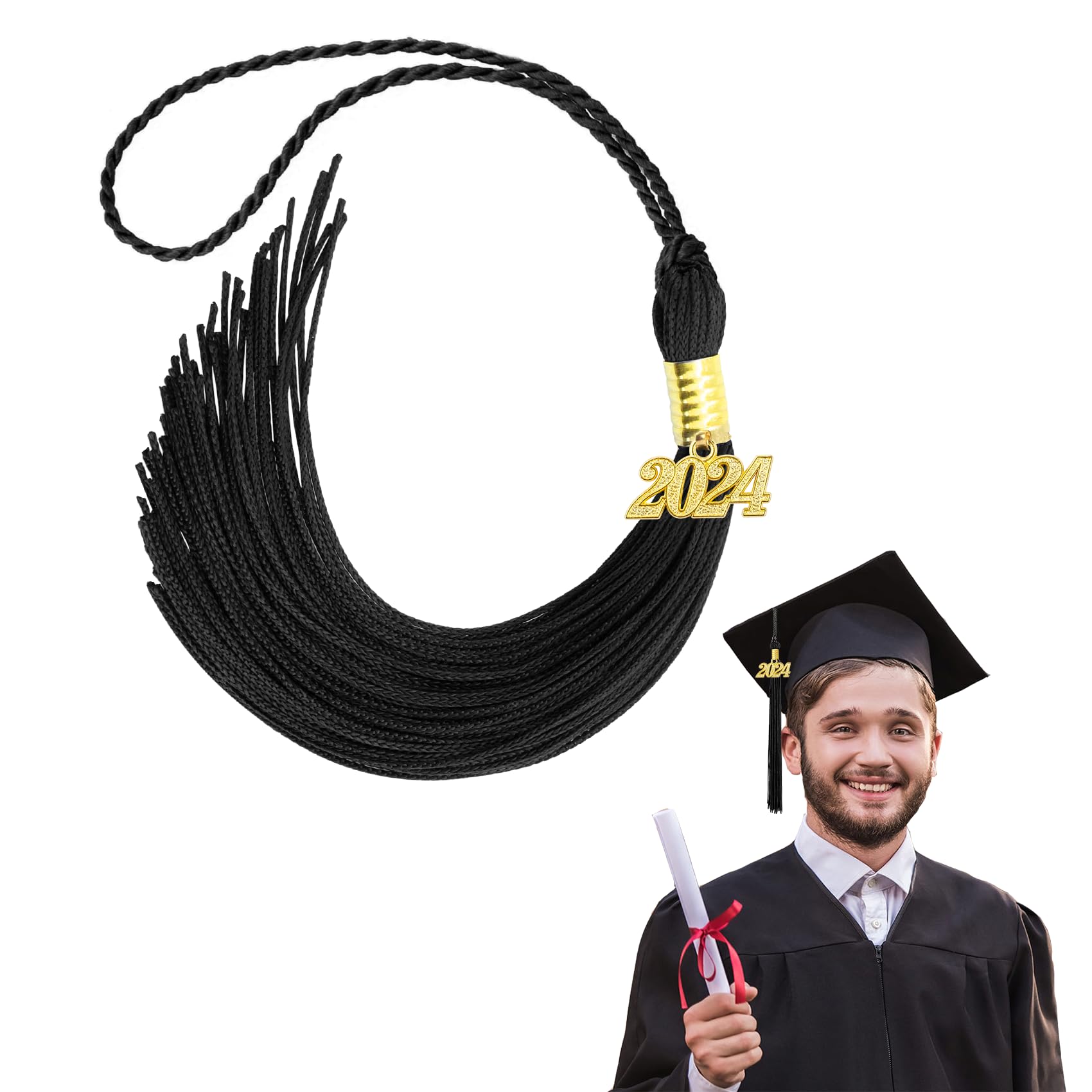 QONCV2024 Graduation Tassel, Class of 2024 Black Tassel Gold Logo Cord Graduation Cap Gown Charm Ceremonies Accessories Decoration for Graduates