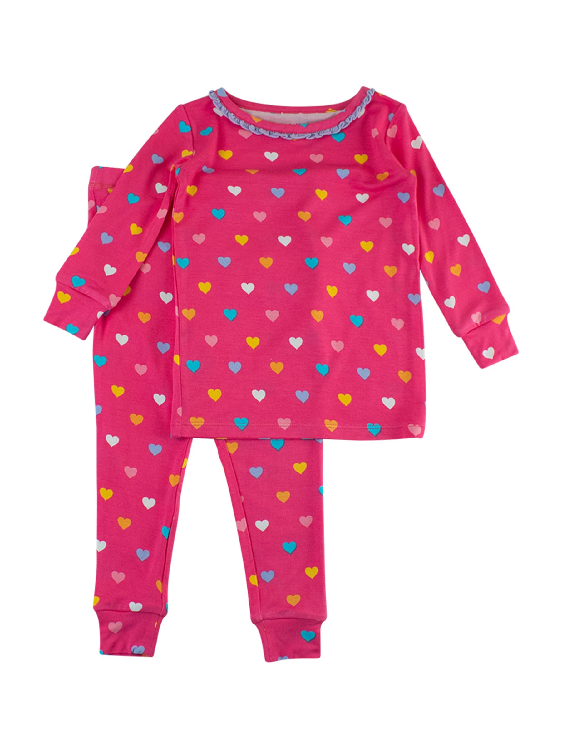 RuffleButts SoftSnooze™ Viscose from Bamboo Toddler/Big Girls Ruffle Long Sleeve Pajama Set - Colorful Hearts, 3T