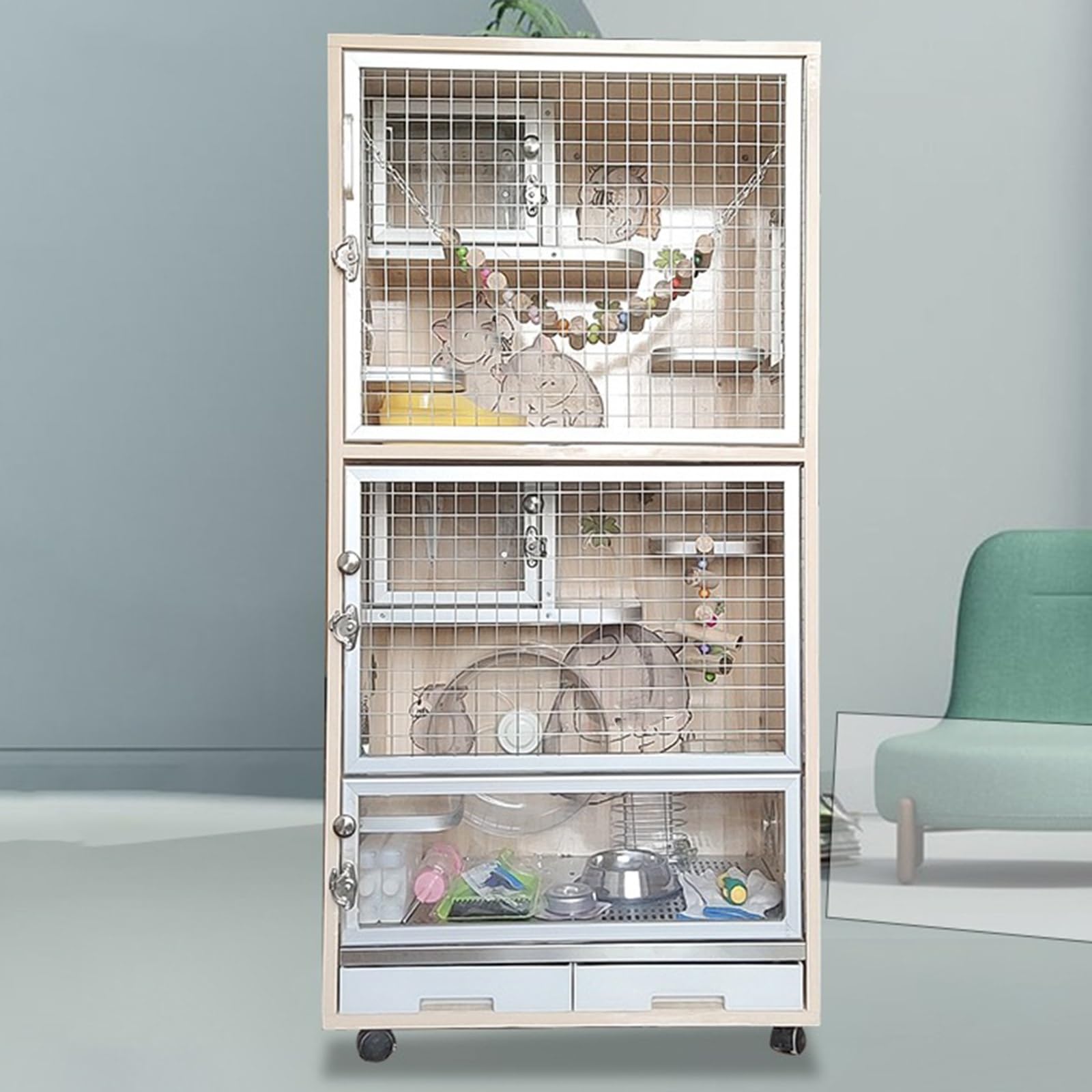 Jaula de ardilla Chinchilla - Hábitat de madera para animales pequeños con rejillas de ventilación transpirables, diseño de nido de hielo, enfriador para verano, apto para varias mascotas pequeñas, 60