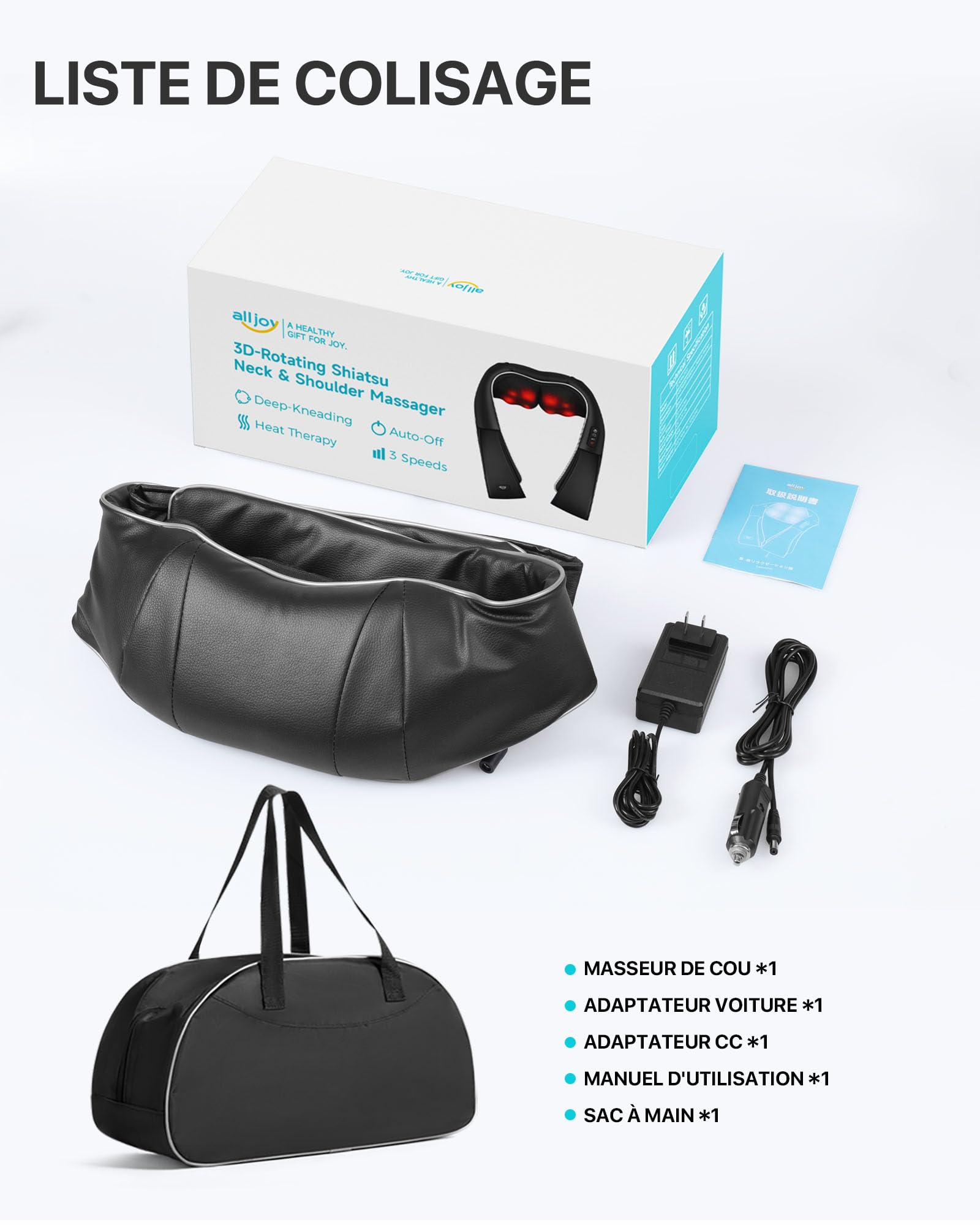 ALLJOY Masseur Cervical, Massage Dos et Cou Épaules avec Chauffage,Appareil de Massage Shiatsu Électrique avec Sac de Rangement,3D-rotation Vitesse Réglable, Cadeaux pour Meres Papa Femme Homme,Noir