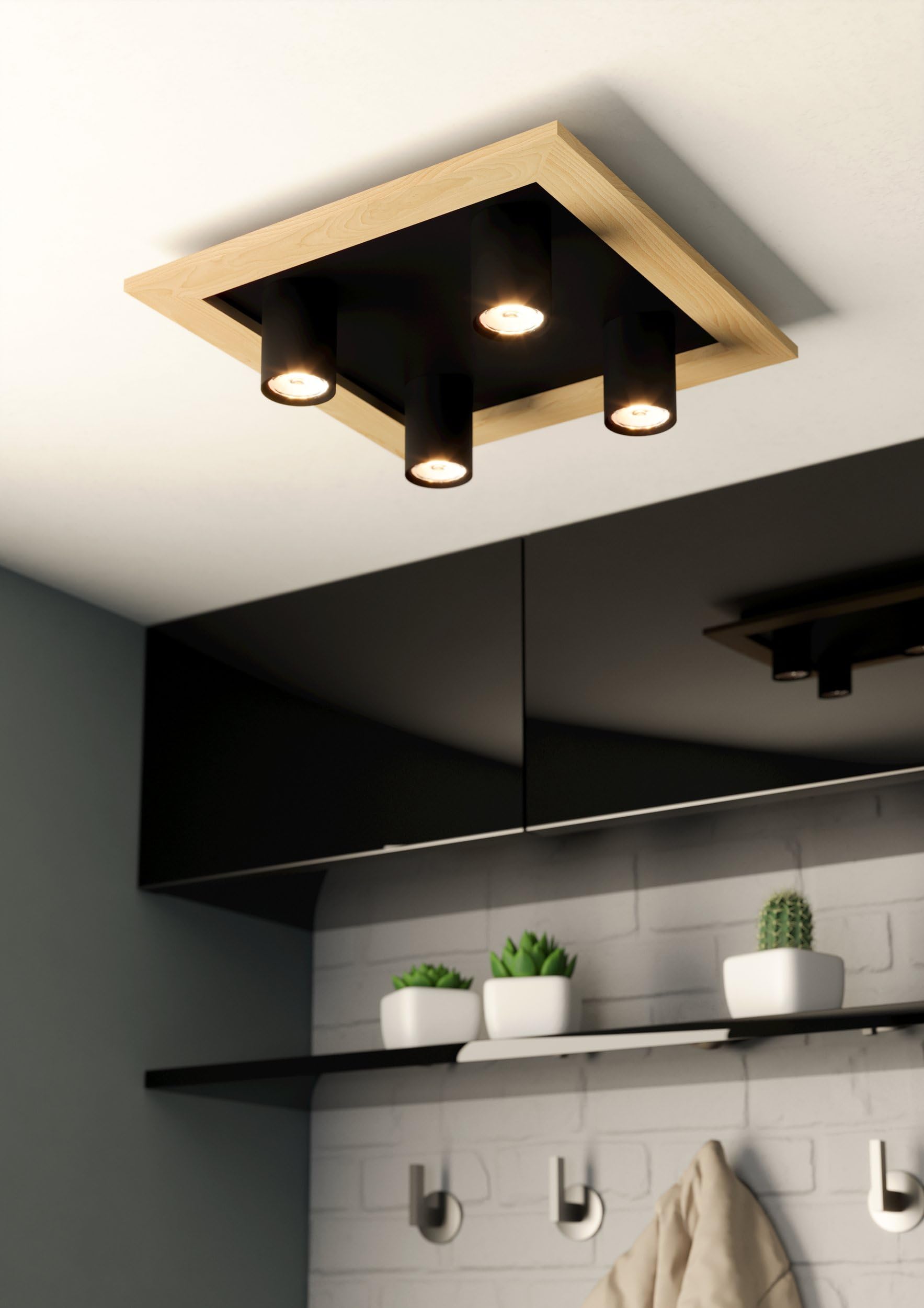 Eglo Luminaire plafonnier LED Valcasotto à 4 spots, lampe de plafond pour | salon et couloir, FSC100HB, éclairage en bois et métal noir et blanc, avec ampoules GU10, blanc chaud