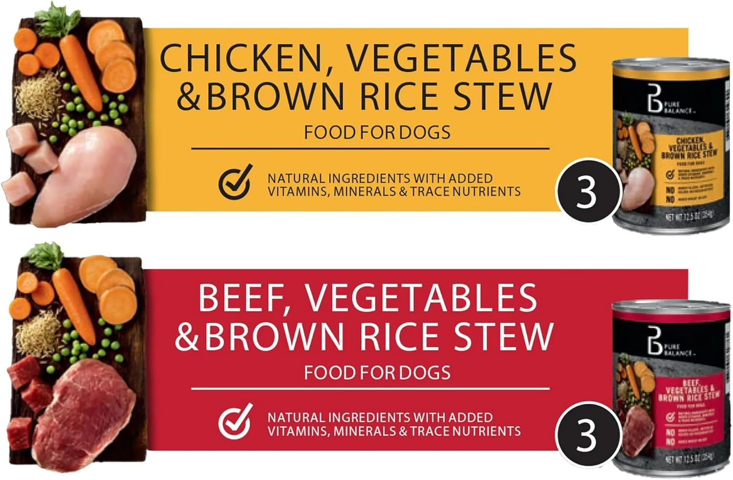 Pure Balance Wet Dog Food Variety Pack, 12.5 oz Cans, Beef & Chicken with Vegetables & Brown Rice, No Fillers, No Artificial Flavors, Adult Dogs, Stew Texture, All Breeds, Immune Support (6 Cans)