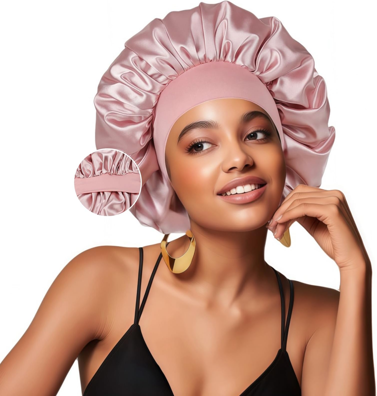 Silk Bonnet for Sleeping Women Double Layer Satin Lined Hair Bonnet for Sleeping Shower Cap for Women with Natural Curly Hair,Medium,Blush Pink-Blush Pink
