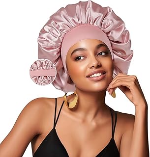 Silk Bonnet for Sleeping Women Double Layer Satin Lined Hair Bonnet for Sleeping Shower Cap for Women with Natural Curly Hair，Medium，Blush Pink-Blush Pink