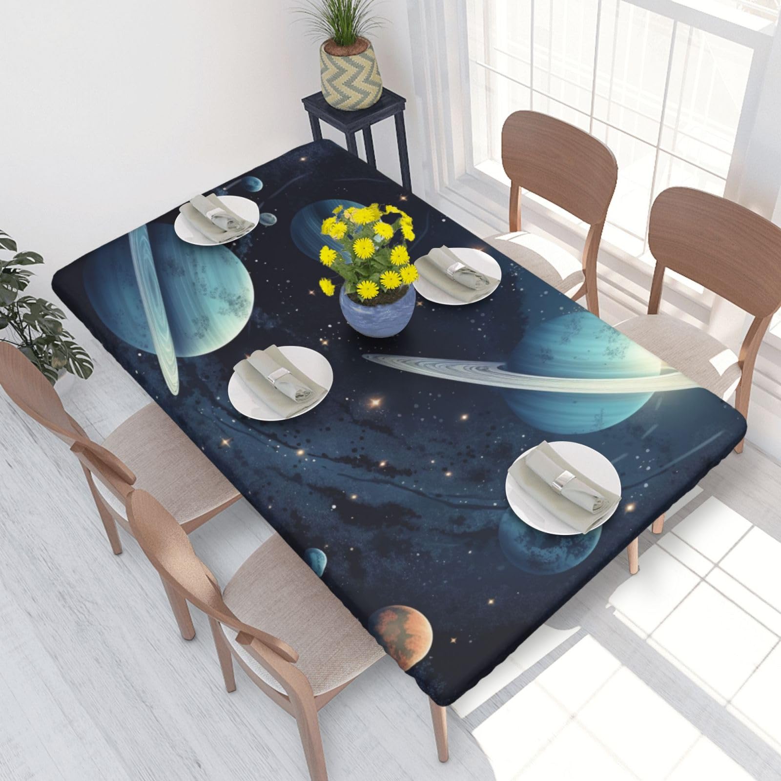 DCARSETCV moon stars and planets Printed 4FT Waterproof Tablecloth with Elastic Edged Protect & Decor Your Table, Oil-proof Washable Table Cloth Cover for Dinner Picnic Party