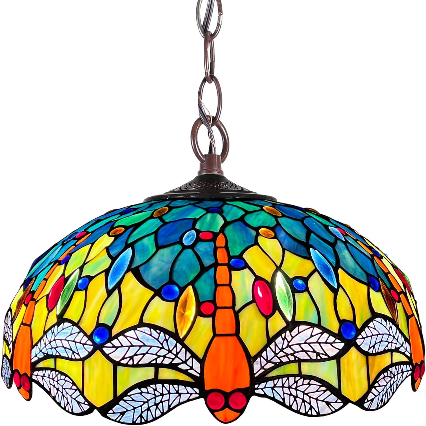 Capulina Tiffany Lamp Stained Glass Pendant Light 2-Light 16 Inches Wide Blue Orange Dragonfly Tiffany Style Hanging Lamp for Dining Room Kitchen Island Home Farmhouse