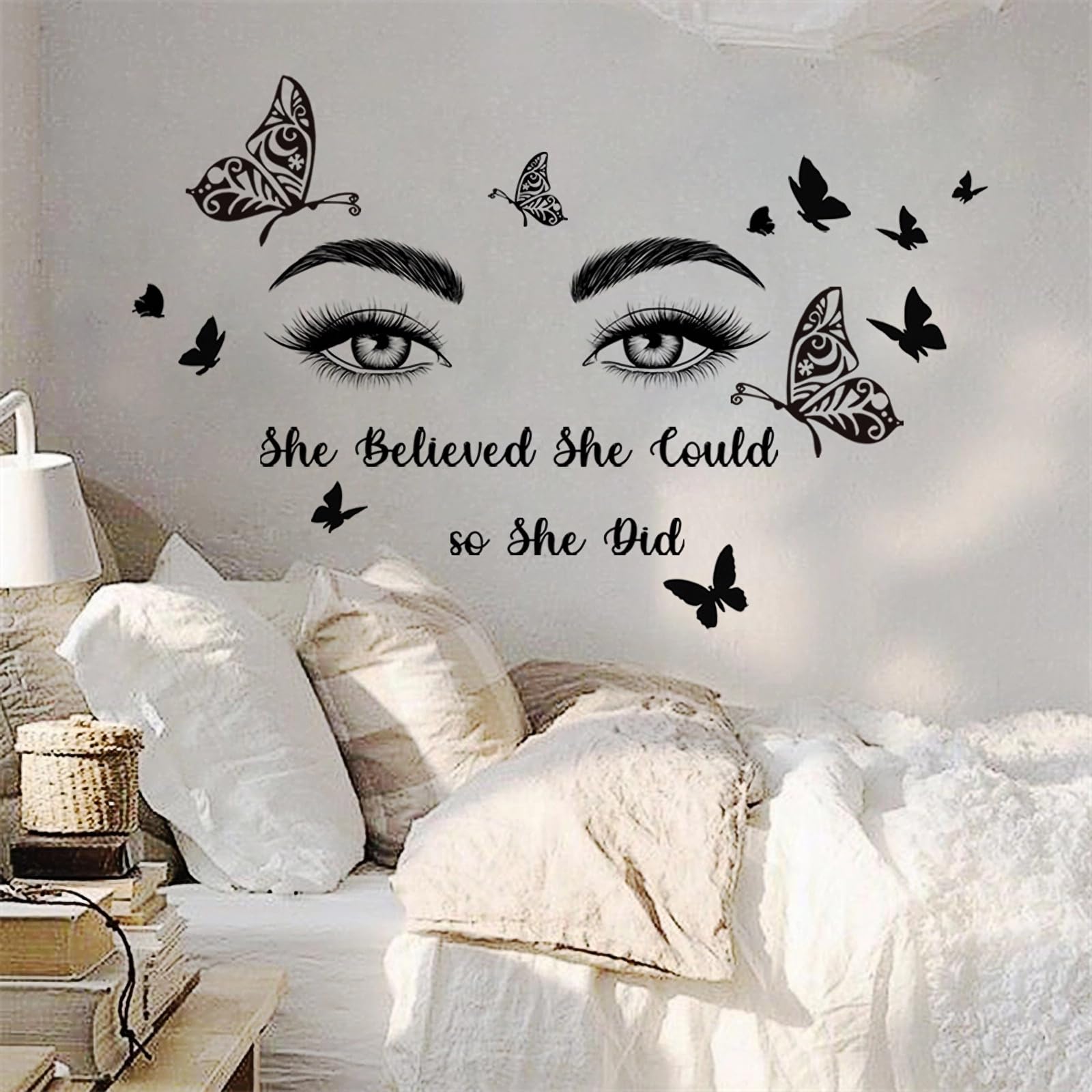 Blue Butterfly & Eyelash Wall Decal Sticker - Motivational Quote "Inspirational" Removable Vinyl Art For Girls Room, Bedroom, Nursery