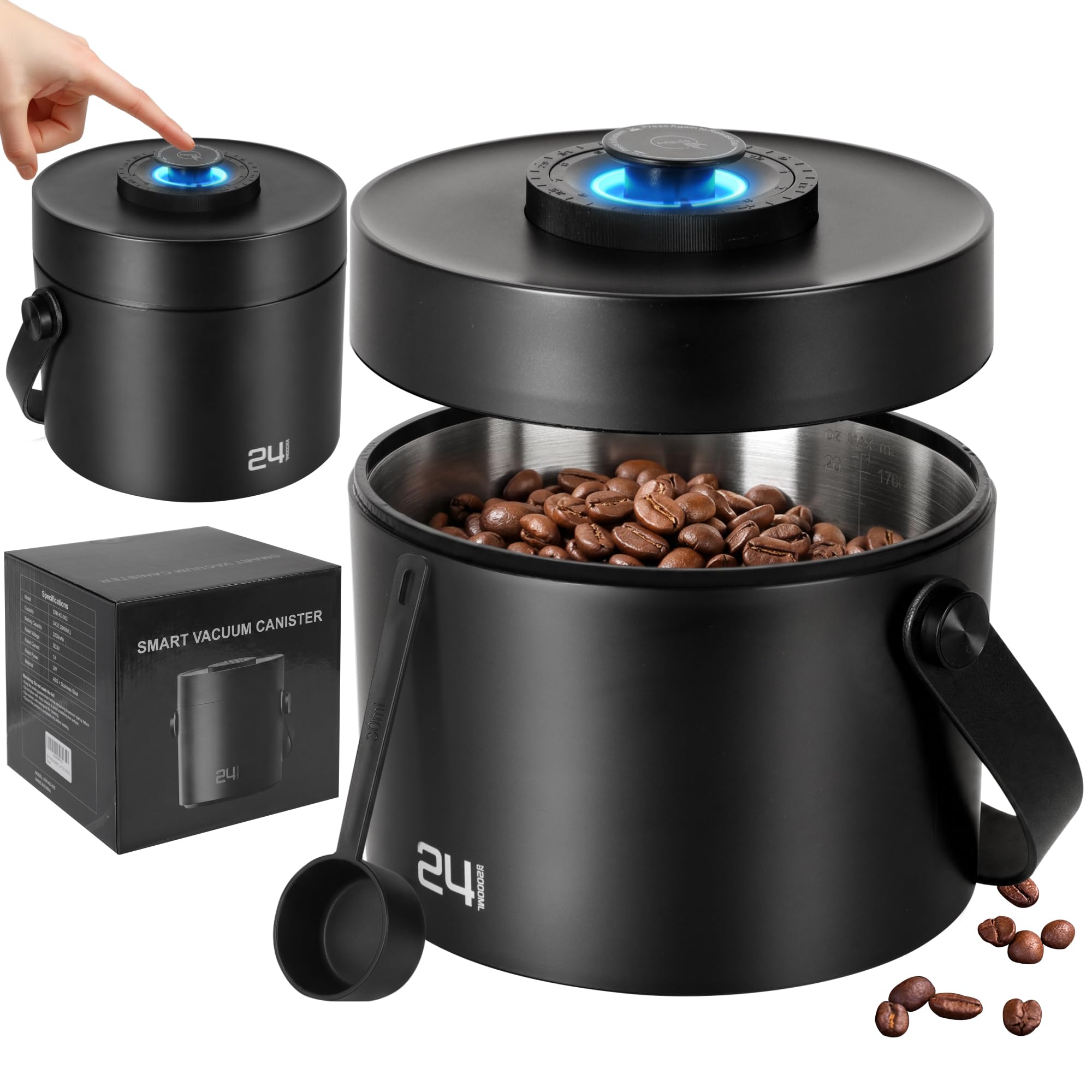 ROTTOGOON Automatischer Vakuum-Kaffeedose, wiederaufladbarer, luftdichter Kaffeebehälter mit 304 Edelstahl-Innenseite, Schaufel, Griff, versiegelte Kaffeebohnen-Aufbewahrungsbehälter für gemahlenen