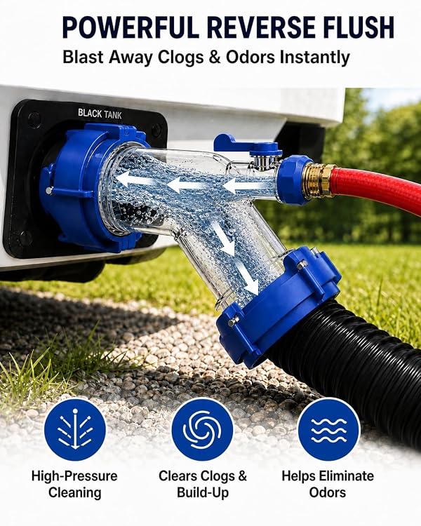Vnivxte RV Tank Rinser, Clear 45 Degree RV Sewer Hose Adapter with Shut-Off Valve, Reverse Flush Adapter for RV Black Water Tank, Leak-Resistant Bayonet Fitting for Standard 3-Inch RV Sewer Outlets by Vnivxte - Image 5