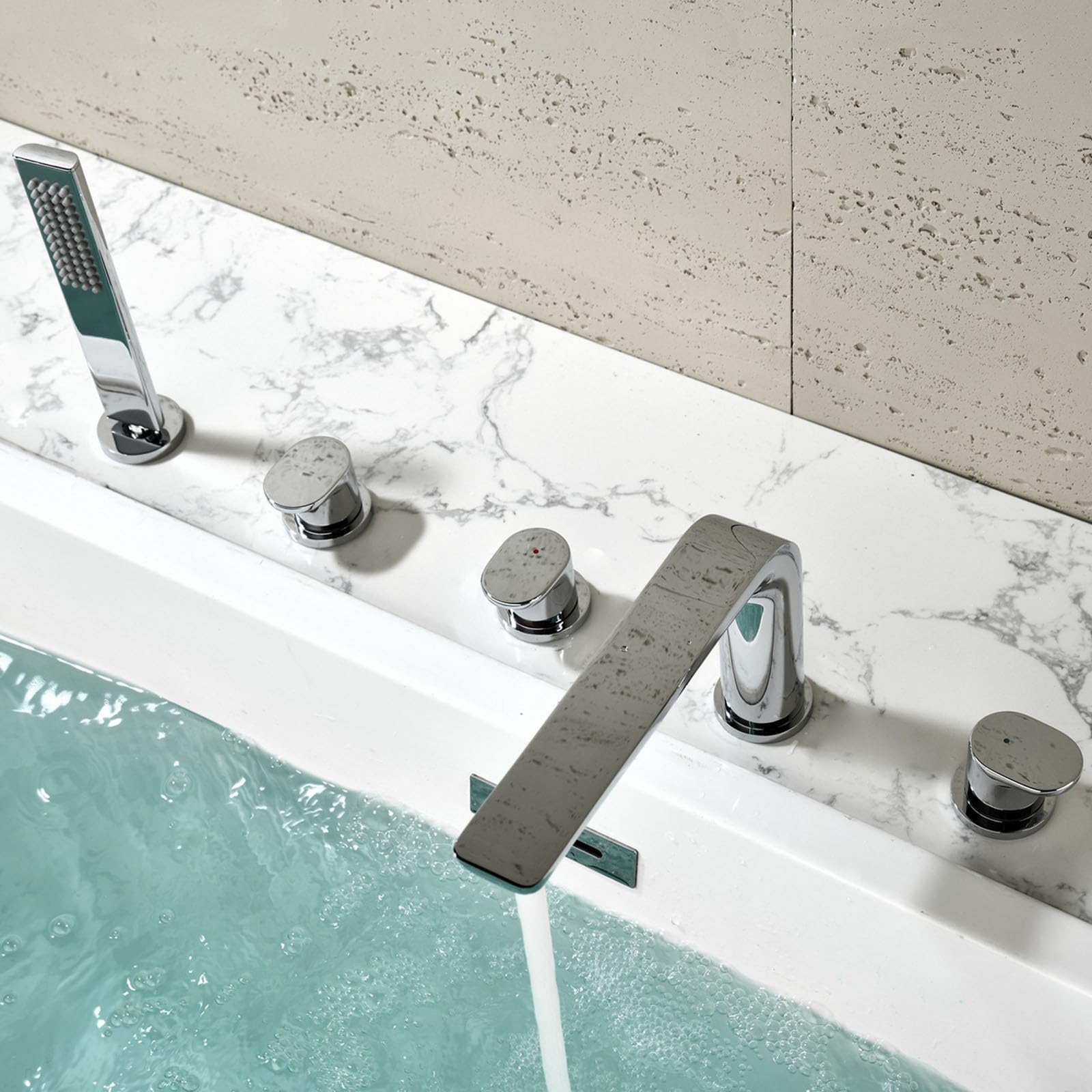 Grifo Bañera 5 Orificios Cromado con Ducha de Mano de Latón