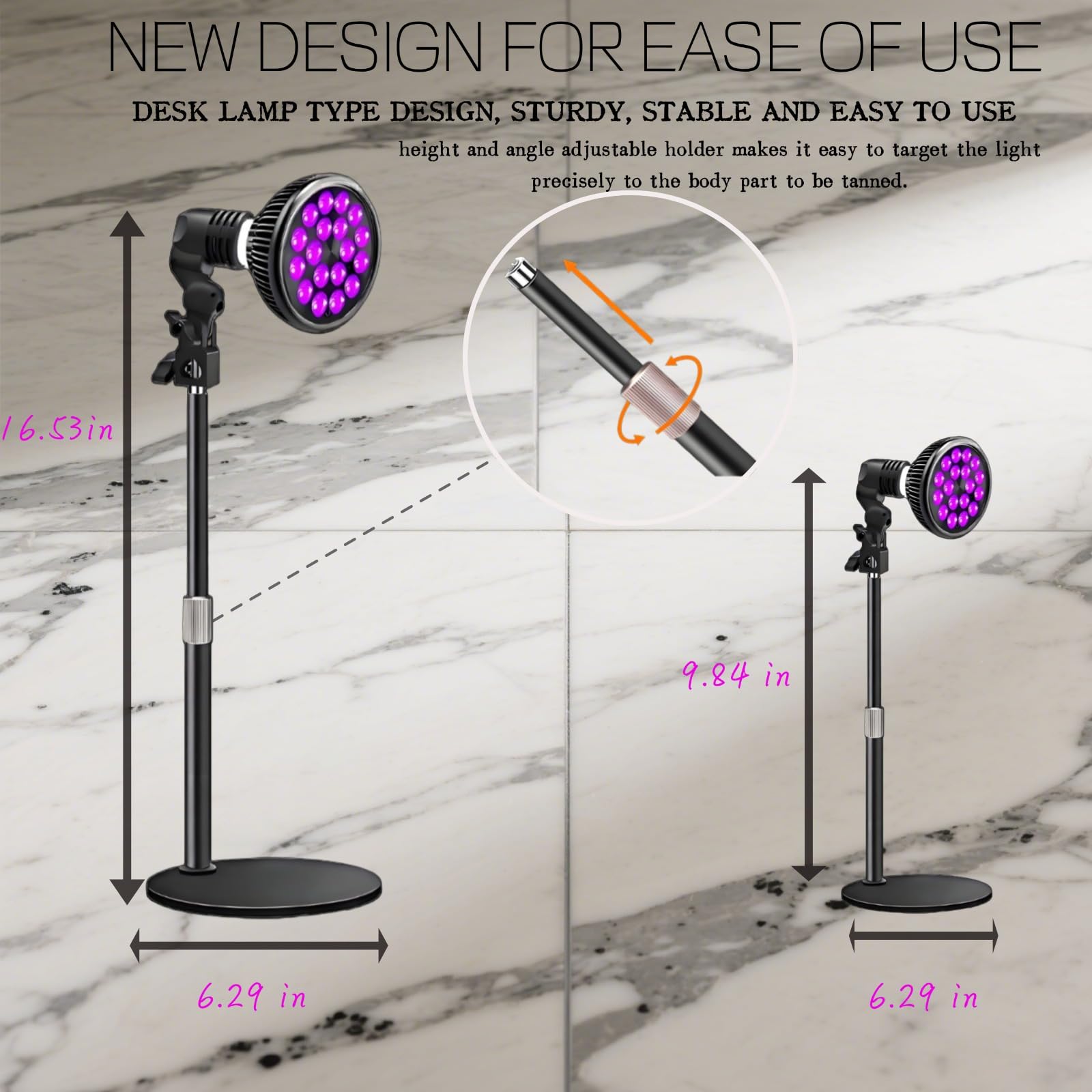 Lámpara de bronceado de 54 W con 18 LED y longitud de onda de 395 nm. Lámpara de terapia con cabezal giratorio E27 para cuerpo completo, ángulo y altura ajustables, con gafas y base retráctil Solarium