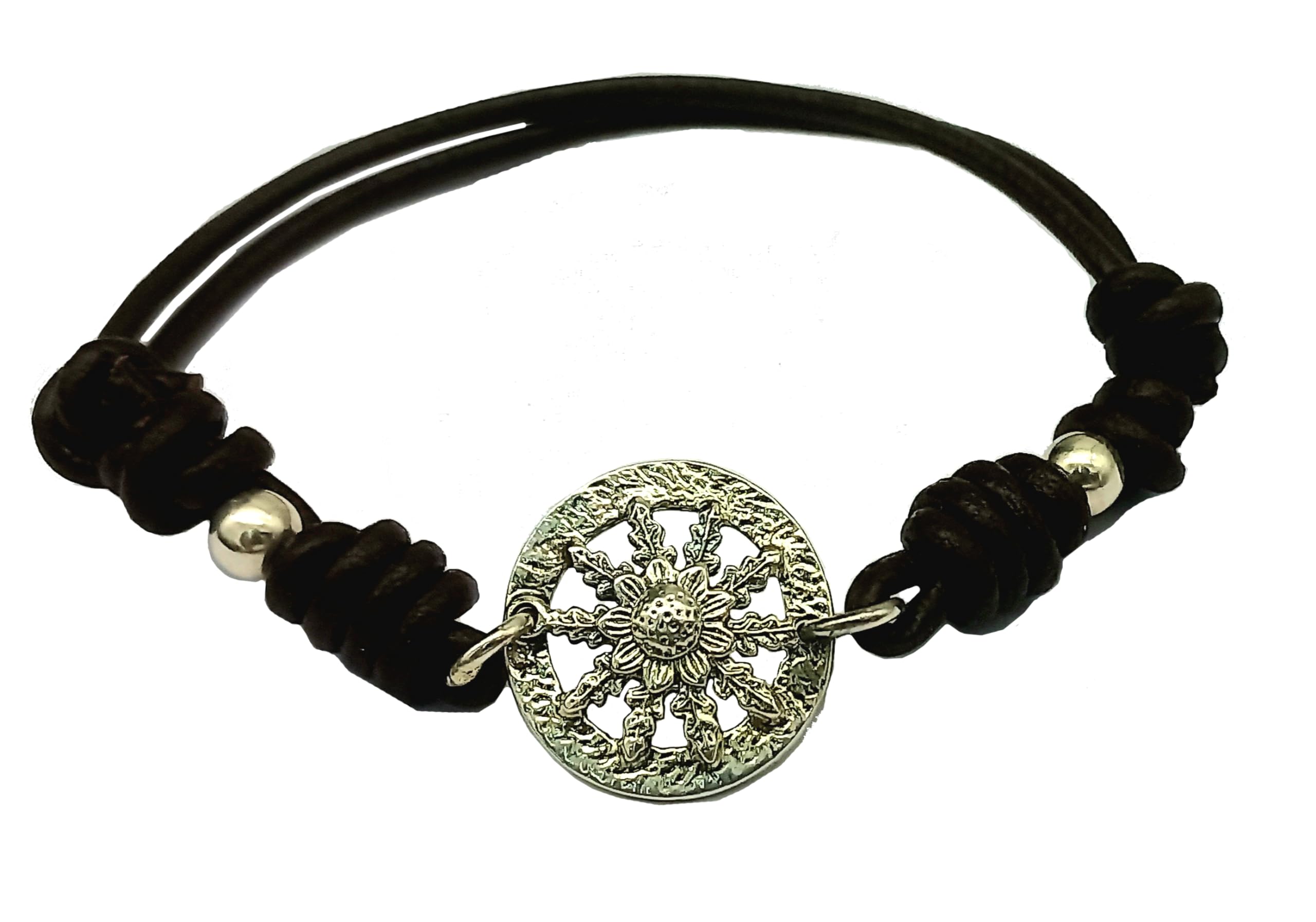EKONAT JOYERIA PERSONALIZADA Pulsera Eguzlore - Pulsera de cuero con flor del sol de plata - Pulsera de plata ajustable