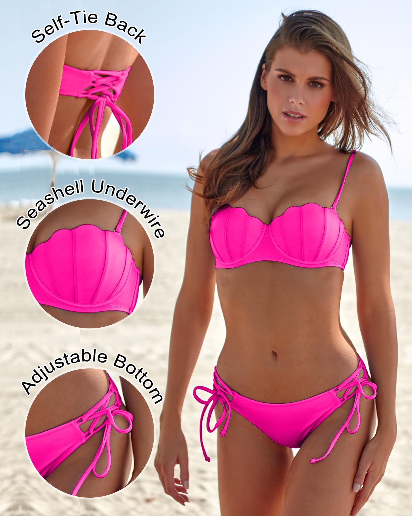 KerryKreey Underwire Swimsuits for Women Push Up Bikini Sets High Cut Cheeky Two Piece Lace Up Tie Side Bathing Suits: Large Hot Pink Bikini Sets