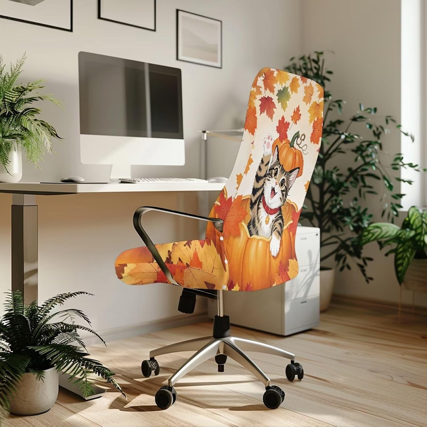 Pumkpin Cats Office Chair Cover Removable Dining Chair Cover with Elastic Edge Computer Desk SeatCovers for Armchair or Armless Chairs Soft High Chairs Slipcovers Water Resistant