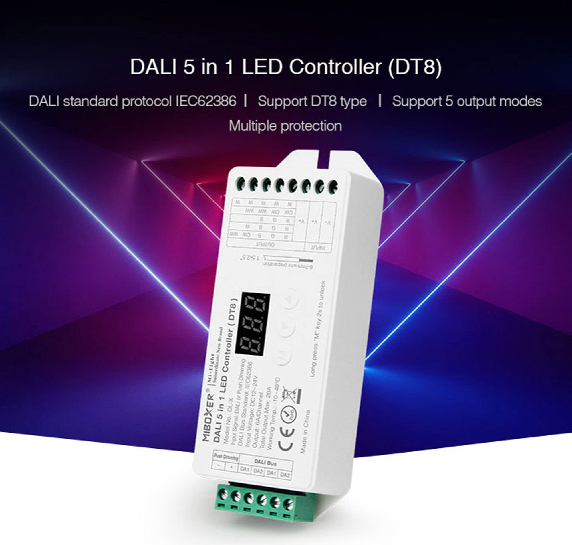 Controller 5 in 1 (DT8) DALI Signal or Push Dimming 12/24 V fino a 15 A, CCT, RGB, RGBW, RGB+CCT