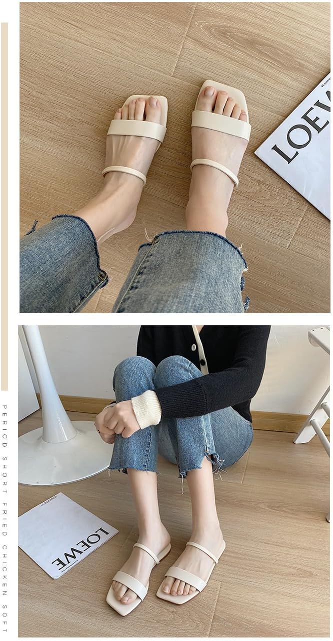 Ladies' simple open-toe sandals without heels and fashionable flat-bottomed solid-colored square-toed slippers