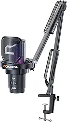 Microfone Condensador USB COMICA EJoy Uni com Braço RGB para PC, PS4, PS5, Mac e Celular USB-C – Ideal para Podcast, Streaming, YouTube – Com Cancelamento de Ruído, Mudo e Monitoramento