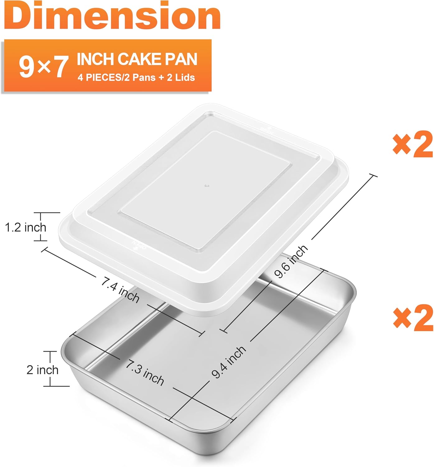 Herogo Baking Pan with Lid, 7 x 9 Inch Stainless Steel Nonstick Deep Pan, Rectangle Cakes Bakeware with Lid for Brownies Casseroles, Non Toxic & Dishwasher Safe, Set of 2 - Image 2