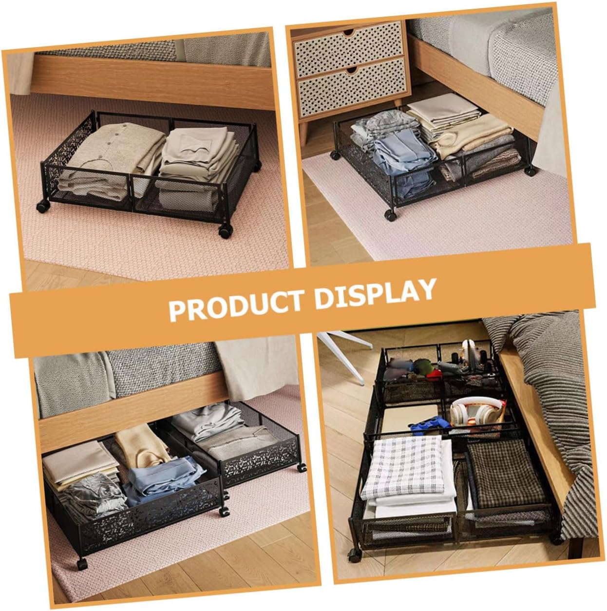 Bed Storage Organizer Drawers with Wheels Foldable Metal Storage Rack for Small Bedrooms Black Patterned Space Saving