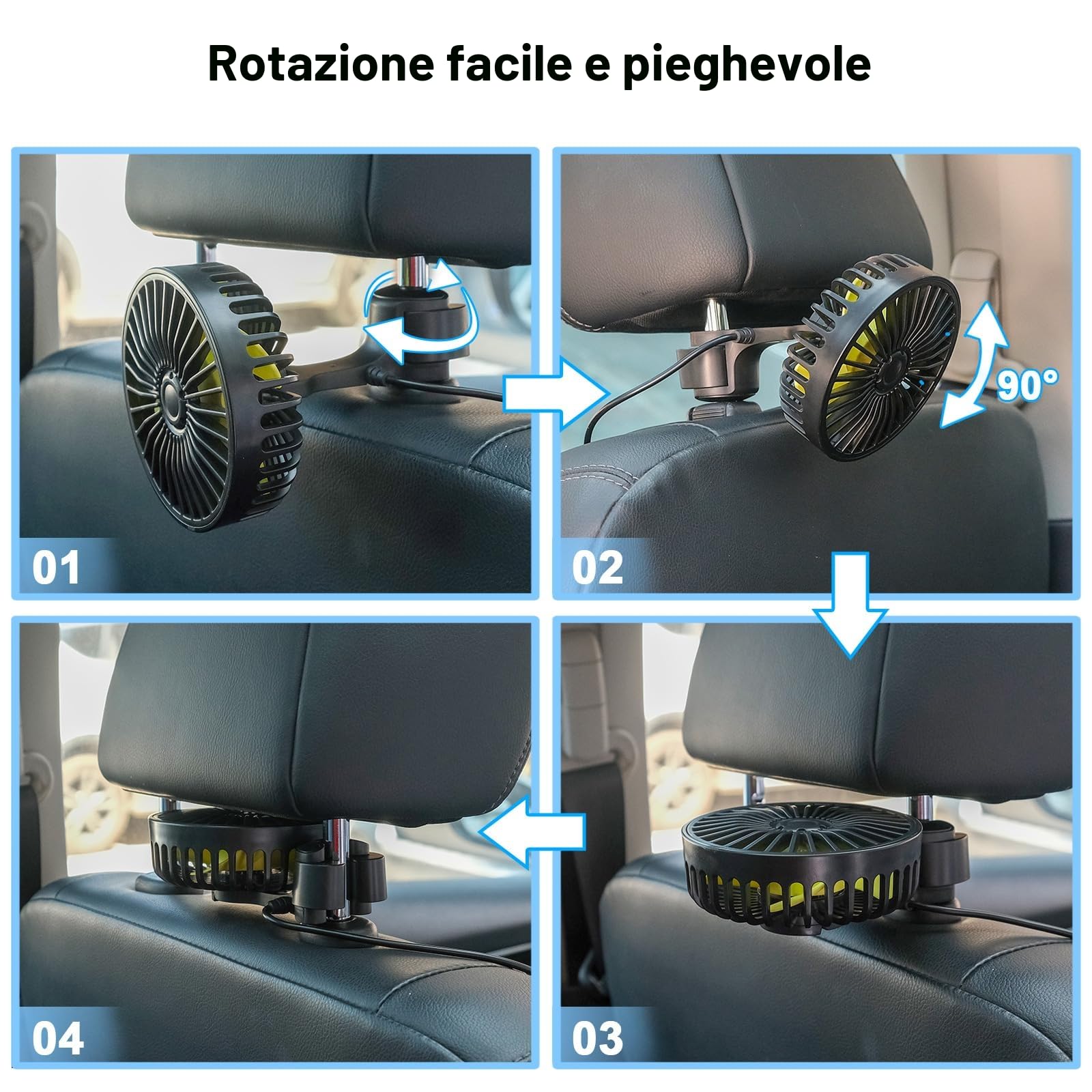 Qidoe Ventilatore auto 12 V: ventilatore portatile regolabile per auto per sedile posteriore 12 volt silenzioso ventilatore auto con 3 velocità USB per camion SUV RV