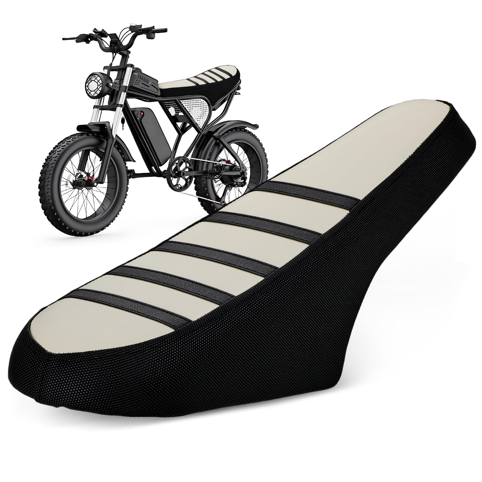 Electric Bike Seat Cover with Stripe E Bike Seat Cover for Ridstar Q20 Ebike-White