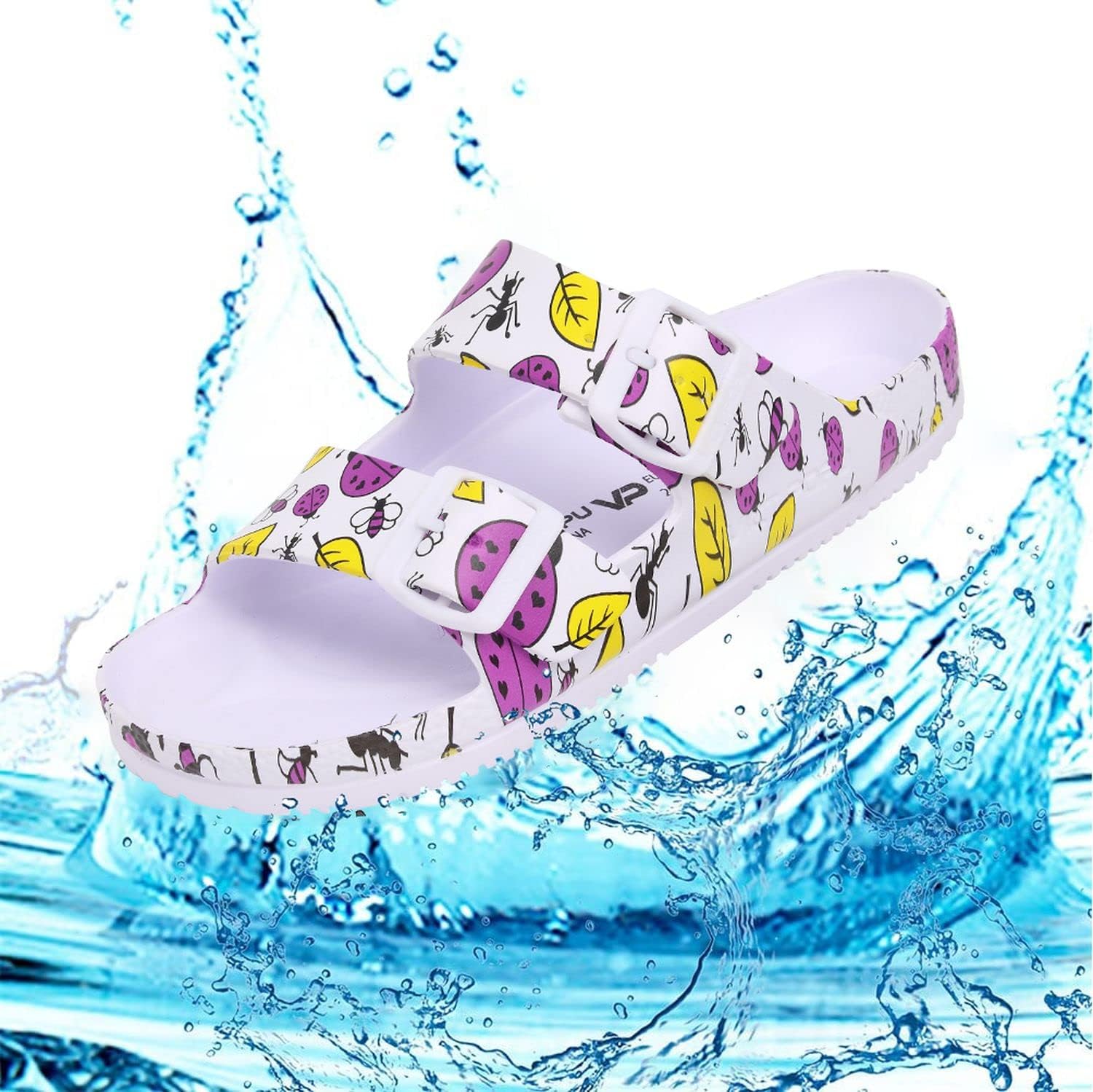 VICT POPU Womens Sandals Adjustable Double Buckle Strap Waterproof EVA Flat Slides - Image 2