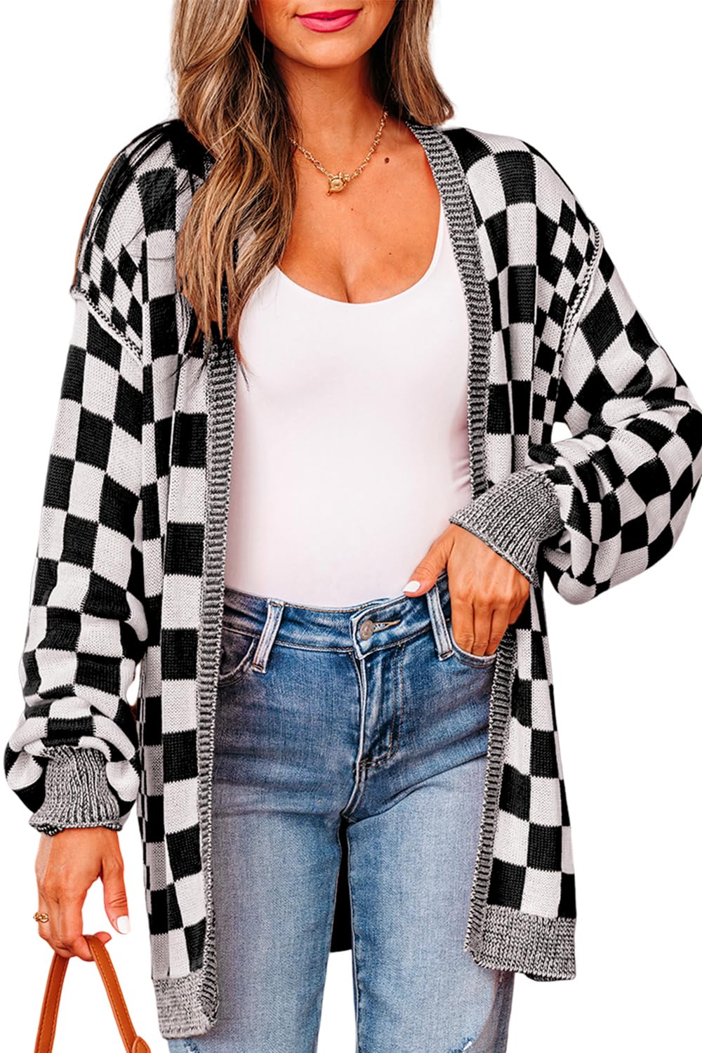 Oversized Checkered Cardigans for Women Color Block Open Front Lightweight Knit Cardigan Sweater Outwear