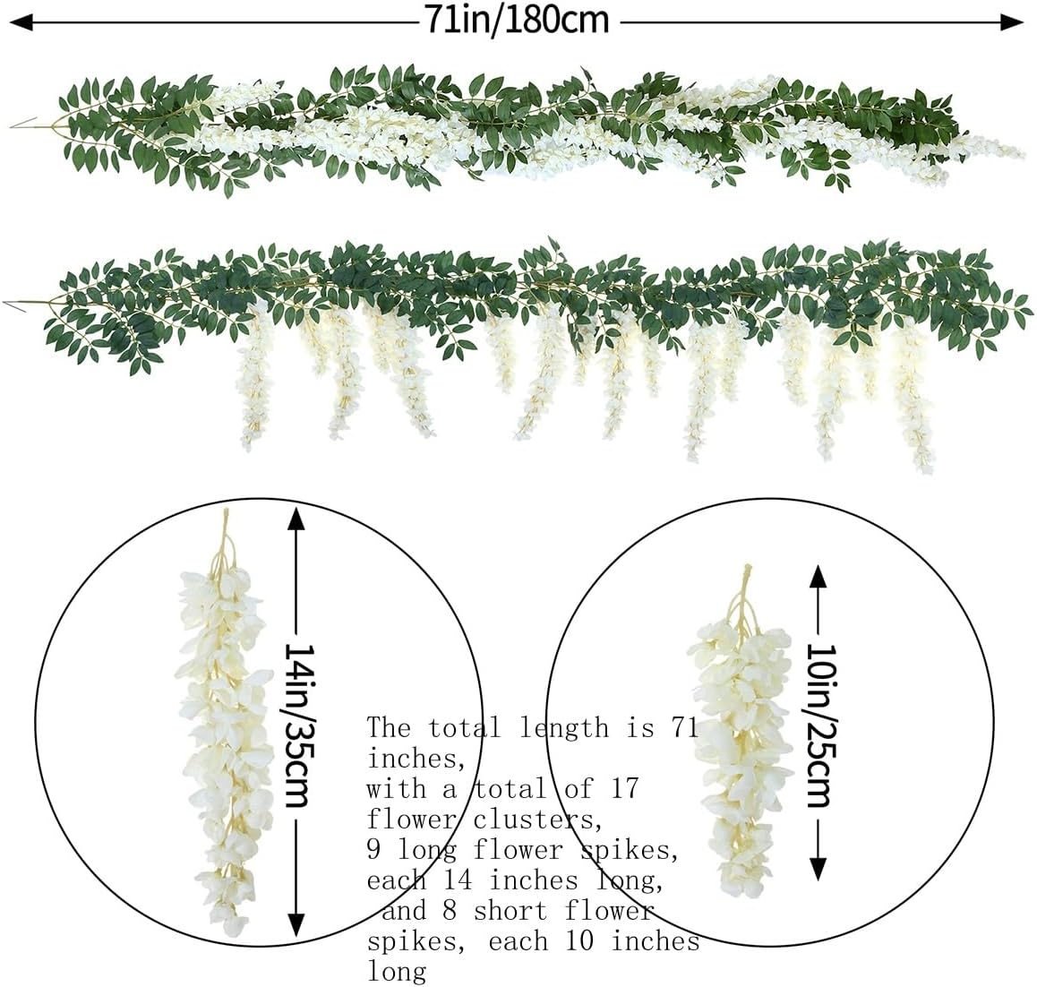1pc/2pcs Encrypted Flower Vine Wisteria Artificial Flowers Garland,White Wisteria Hanging Flowers Flower Garland Decorations for Home Garden Outdoor Ceremony Wedding Arch Decoration (White, 1pc)