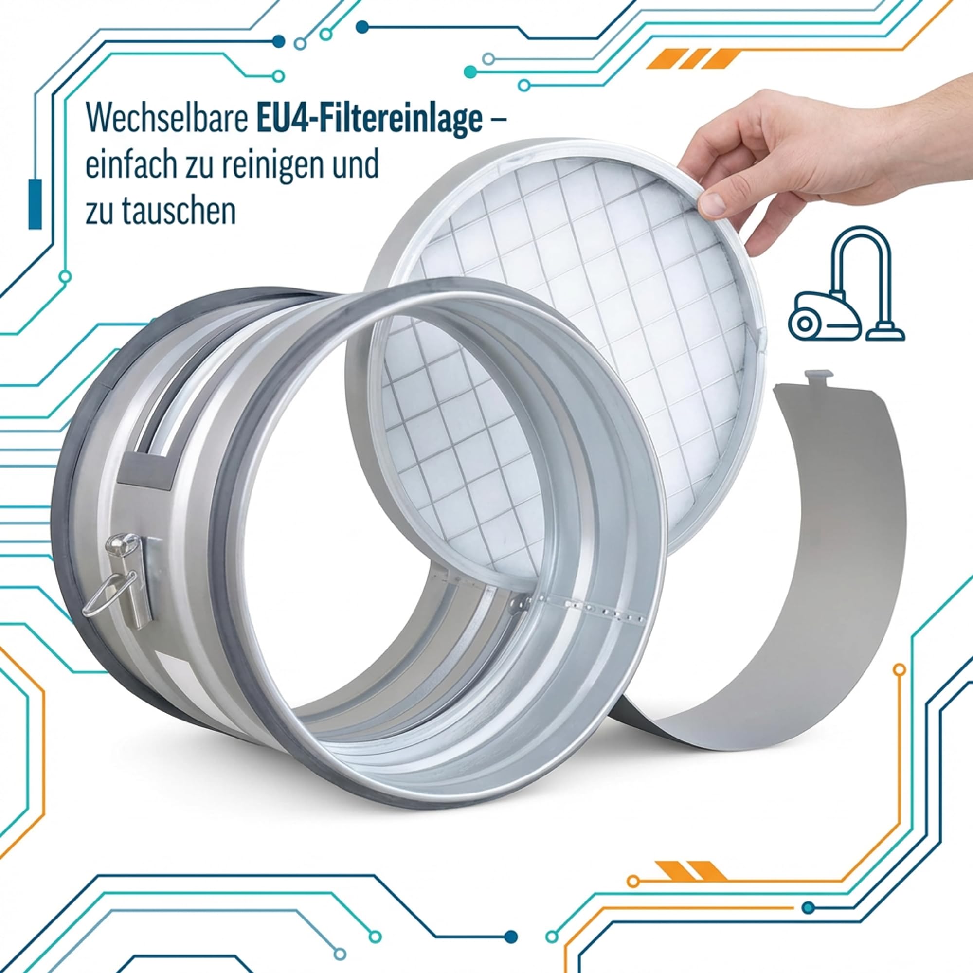 Easy Act Filtre à poussières grossières rond Ø 125 mm pour l'admission d'air, filtre tubulaire en acier galvanisé pour la filtration des grosses particules dans les systèmes de ventilation
