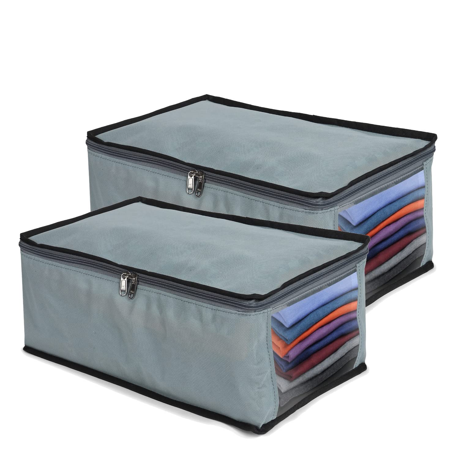 Double R Bags Foldable Closet Organizer, Shirt Cover | Shirt Organiser | Clothing Storage Box with Clear Window (Grey,Pack of 2)