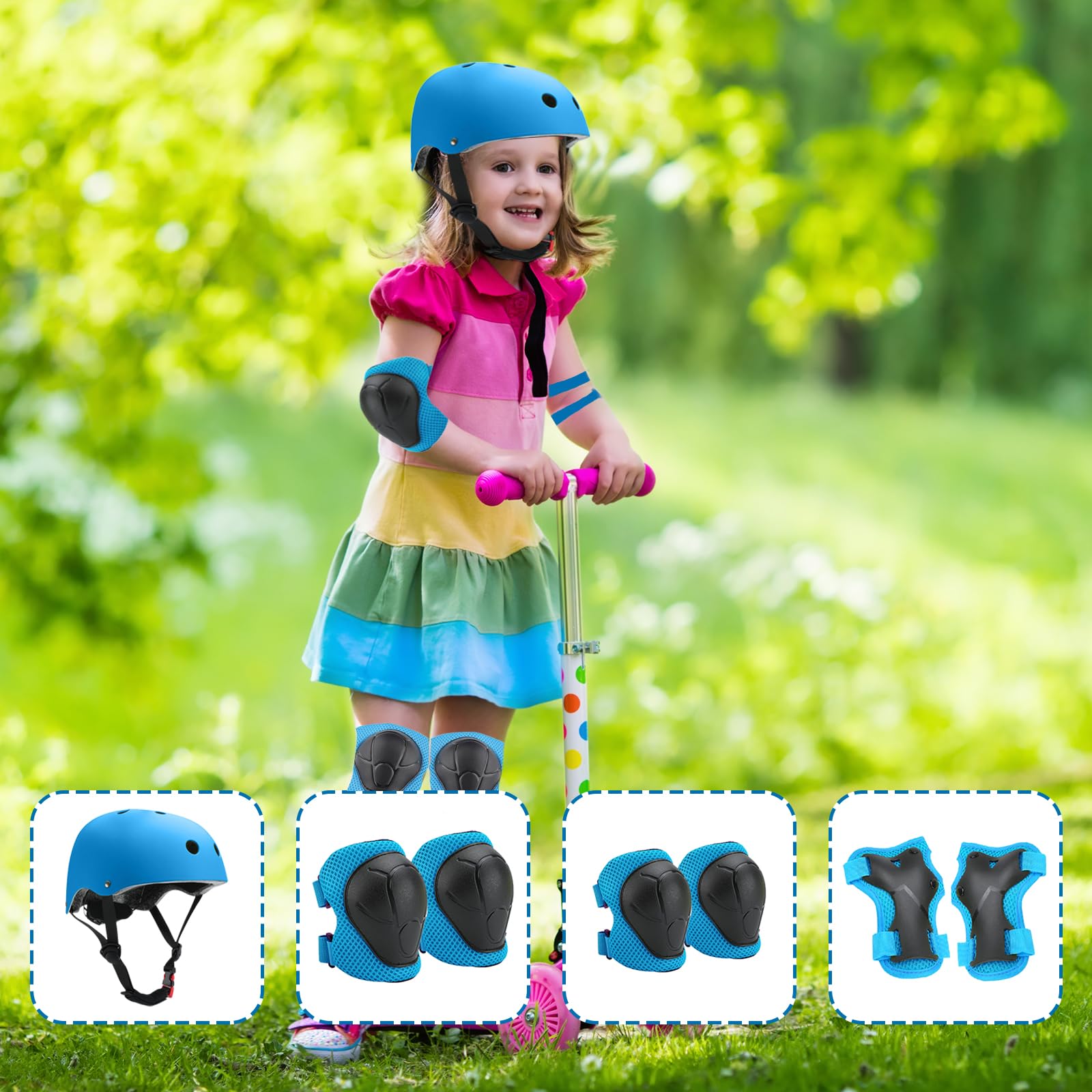 Set di Protezioni per Bambini, Conjuntos de Patinajes, traspirante e regolabile, set di ginocchiere per bambini per bicicletta, skateboard, scooter (Blu)