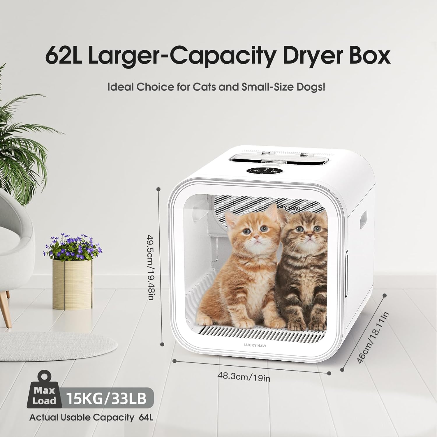 LUCKY NAVI Automatic Pet Dryer Box for Cats and Small Dogs, Ultra Quiet 62L Big Capacity Dog Dryer Box, Cat Dryer Cage with Smart Temperature Control, 360° Pet Dryer Box(62.0L)