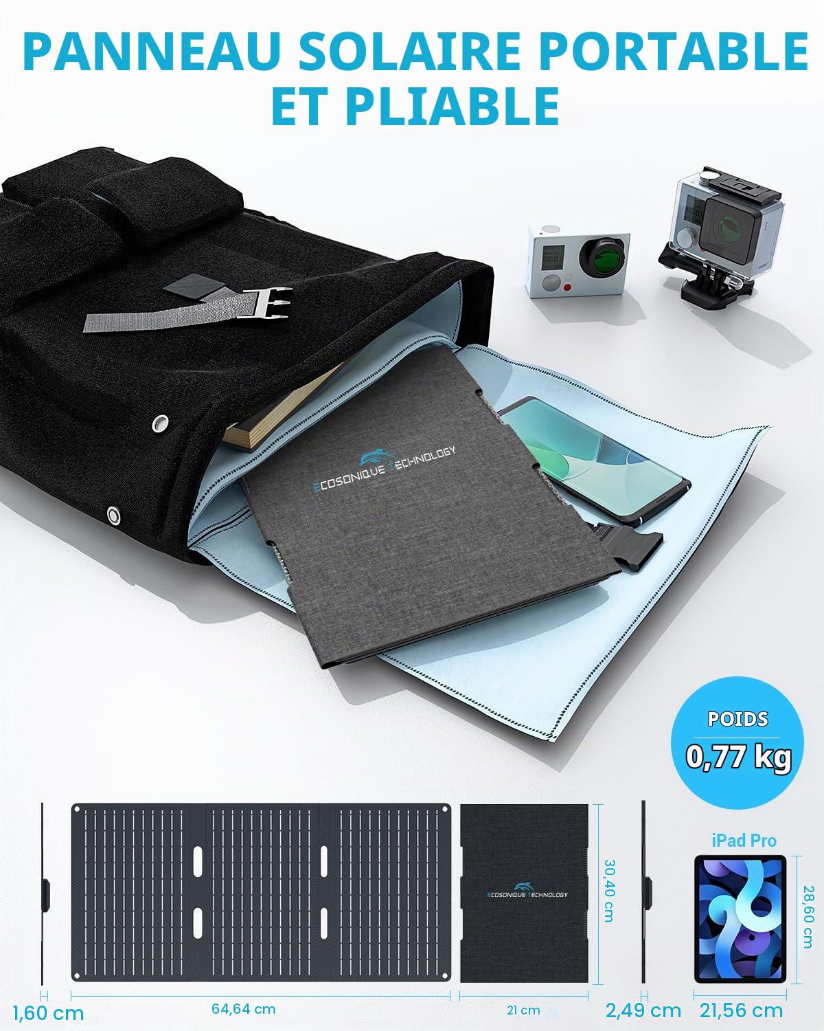 Ecosonique Panneau Solaire Portable 30W Chargeur Solaire Pliable avec USB C USB A Charge Rapide Étanche pour Camping Randonnée Compatible avec Téléphone Portable, iPhone, iPad, Samsung Galaxy, LG,
