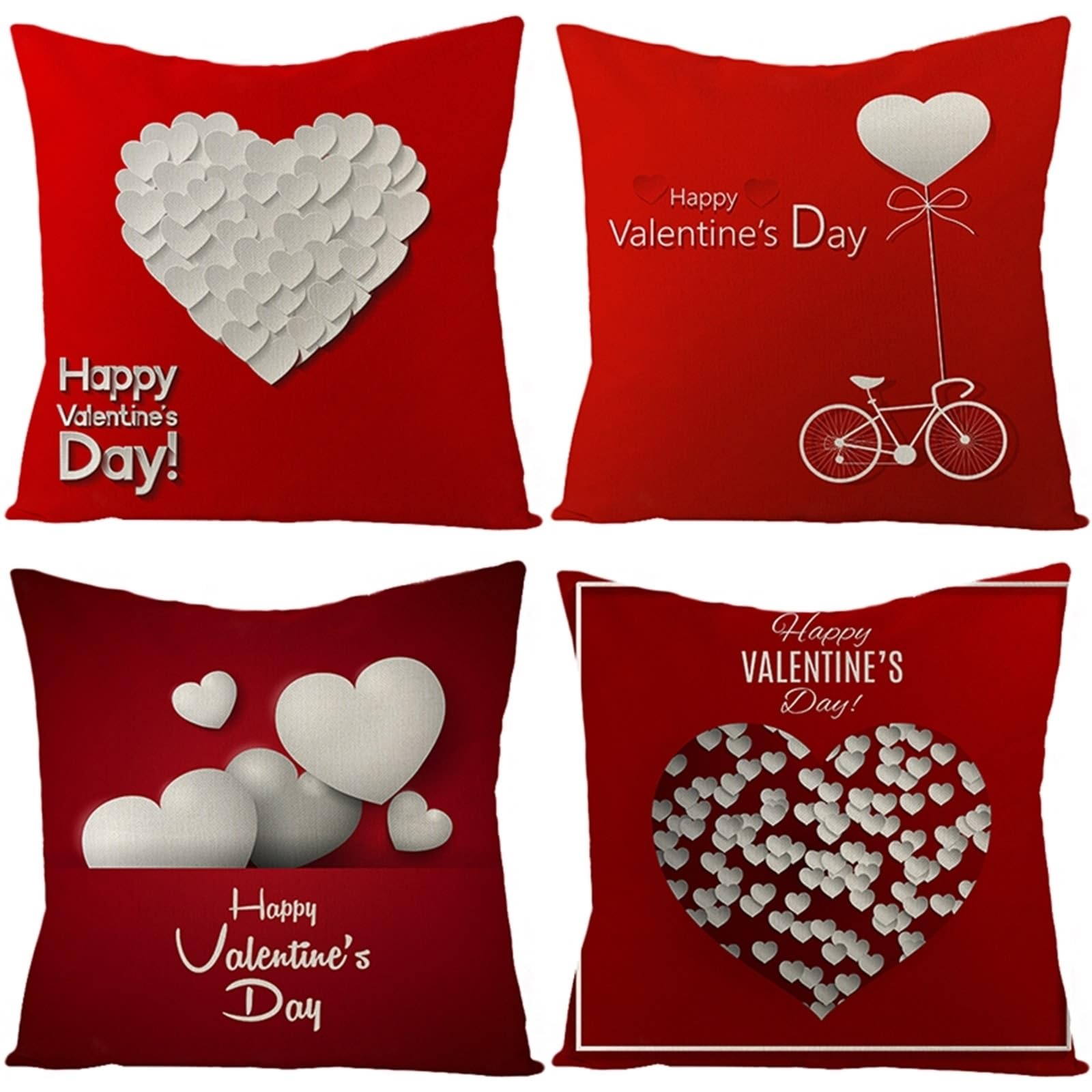 4 fundas de almohada de algodón de 50 x 50 cm, funda de cojín decorativa blanca y roja feliz día de San Valentín, fundas de cojín de lino para sala de estar, sofá dormitorio