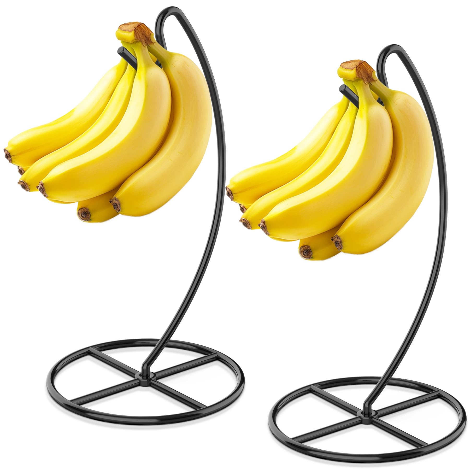 Beesini 2 Pack Banana Holder, Banana Tree Stand Metal, Banana Stand Holder, Holds Up to 15LB Banana or Grape, Banana Rack for Kitchen Counter, Black