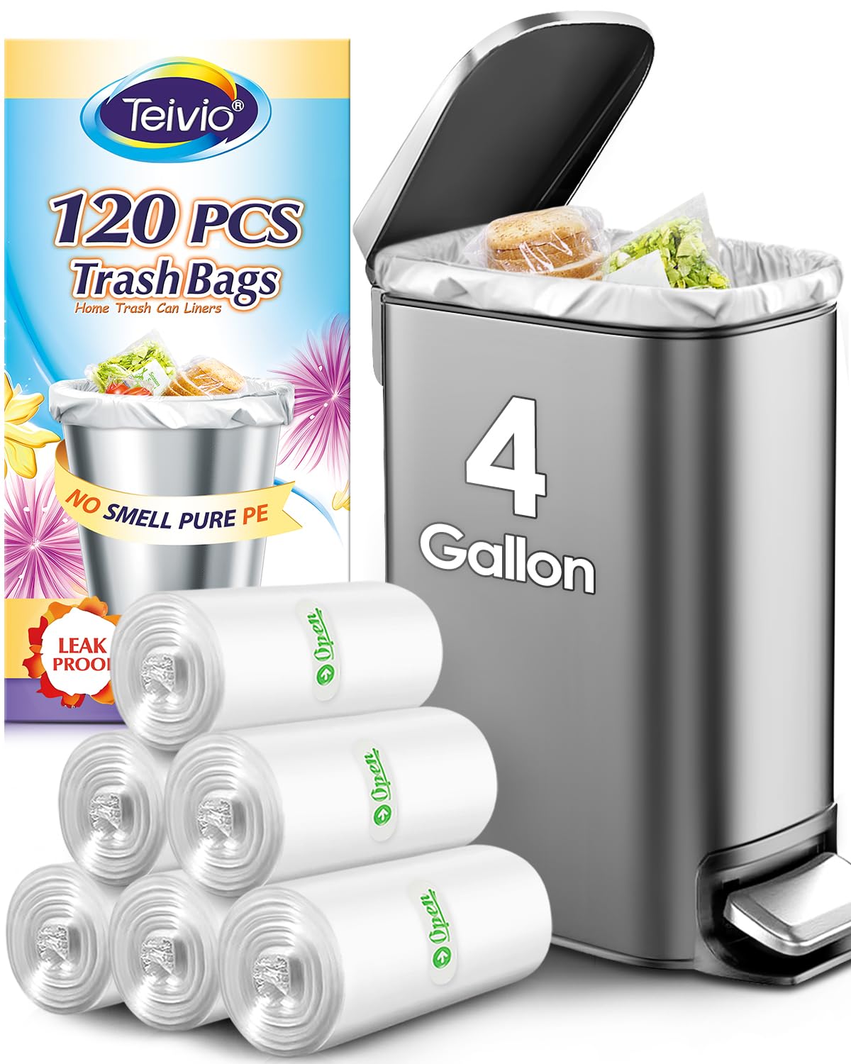 Teivio Small Trash Bags 4 Gallon 120 Counts Garbage Bags, Bathroom Trash Can Bin Liners, Small Plastic Bags for home office kitchen, fit 12-15 Liter,