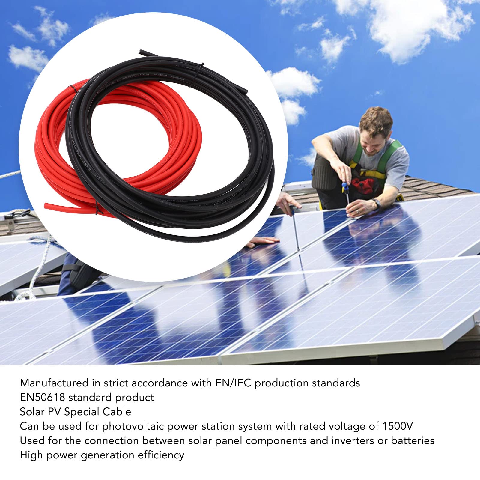 Cable de extensión solar, cable solar estándar con doble aislamiento para sistemas de generación de energía (10 mm² 50m)