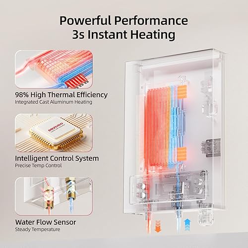 Vista 5 de MIZUDO Calentador de agua eléctrico sin tanque de 6.5 kW, calentador de agua caliente instantáneo de 240 voltios bajo demanda, hasta 1.5 GPM
