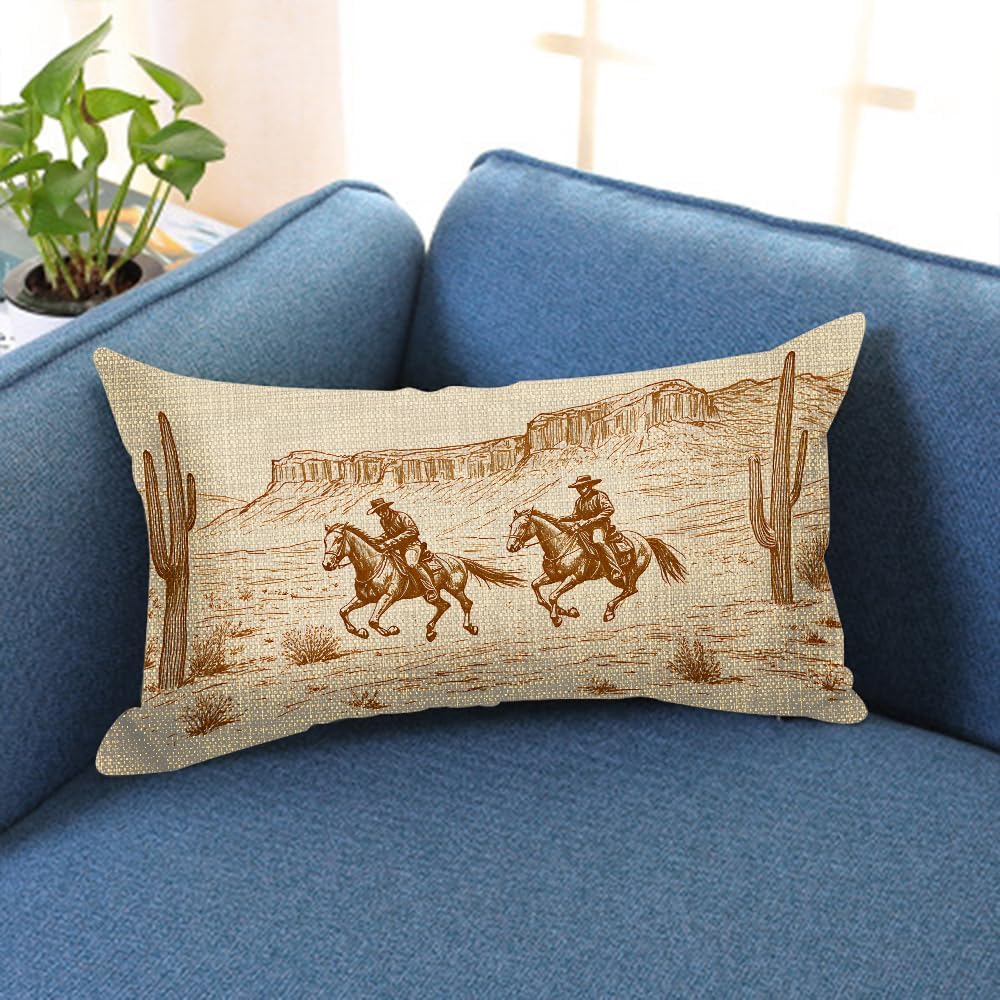 Throw Pillow Covers Cowboy Horse Riding American Wild West Desert Beige Pillow Cases Cotton Linen Waist Lumbar Cushion Cover Sofa Home Decorative Rectangle 12x20 Inches - Image 4