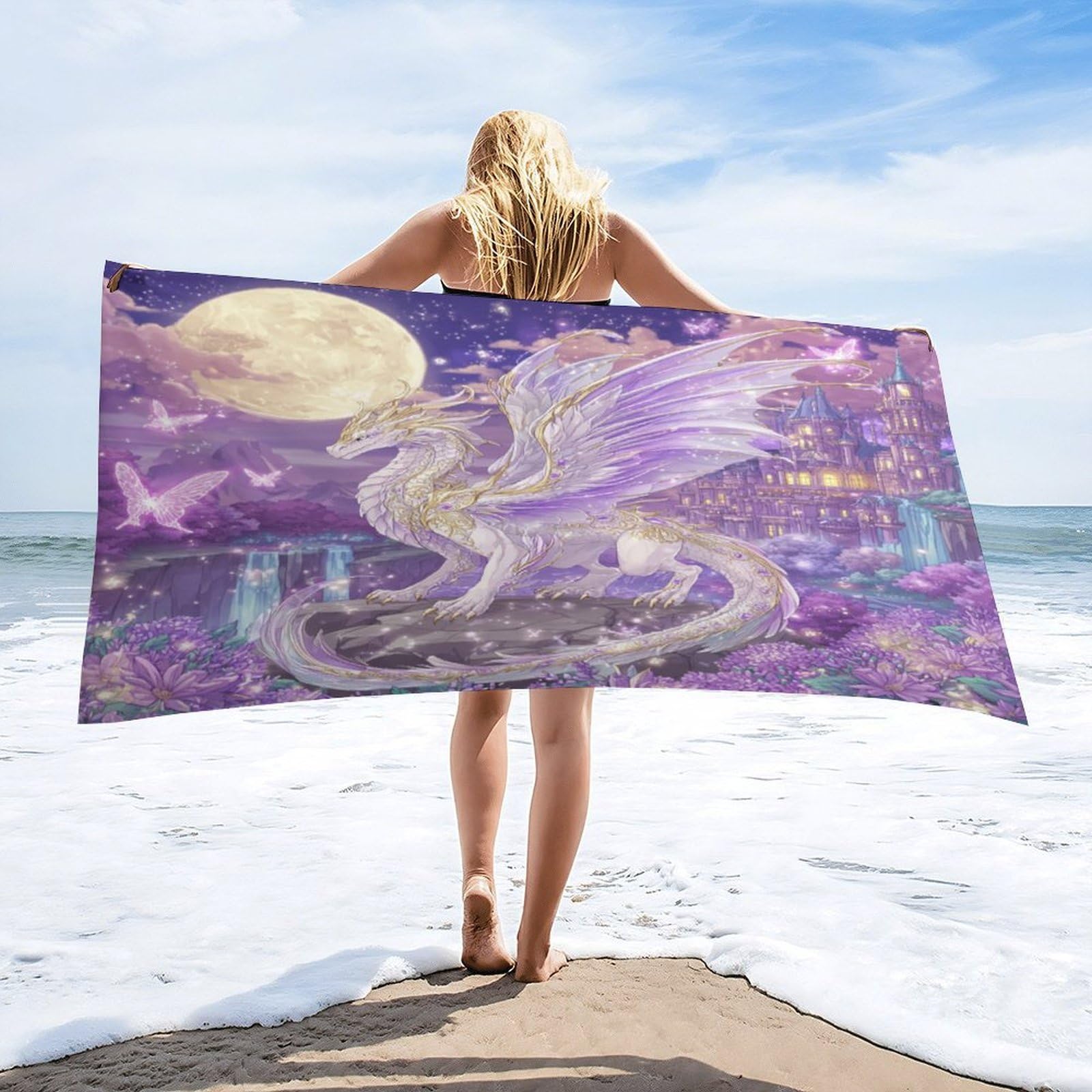 Luyysky Beautiful Classic Mythical Dragon Quick-Drying Beach Towel, Fantasy Rustic Full Moon Castle Animal Butterfly Plant Flowers Travel Vacation Single Sided Pile Bathroom Towels-80"W Cm X 160"L Cm