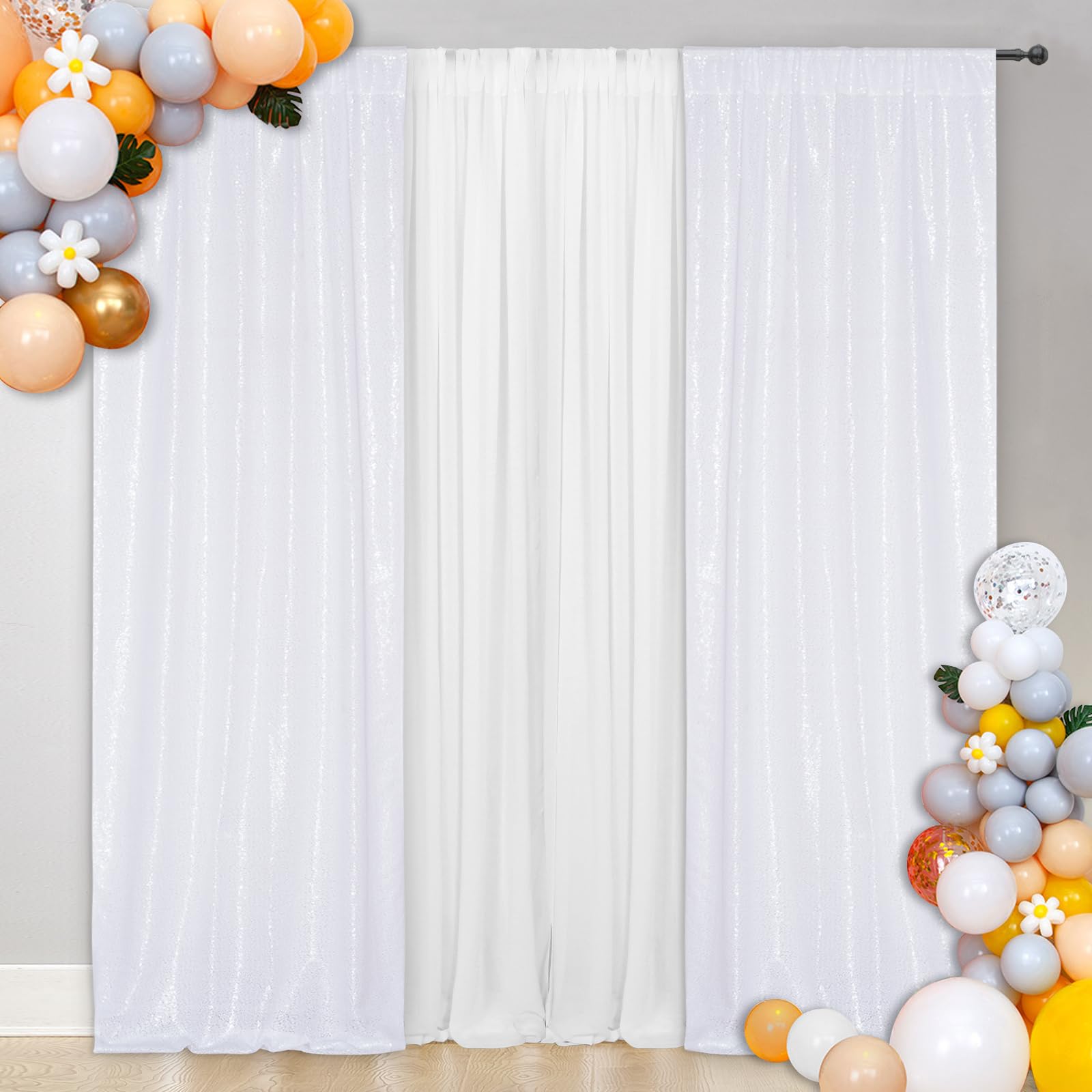 SquarePie Sequin Backdrop Curtain White 2FTx8FT 2 Panels Background for Wedding Party