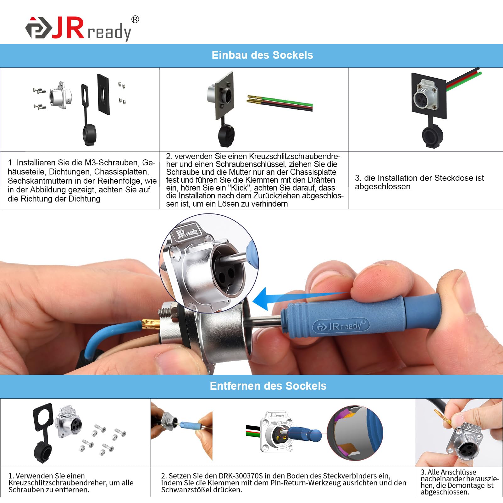 JRready JRSSWCONN23B02 Conector impermeable industrial de 3 pines, conector redondo IP68, conector rápido, conector eléctrico con juego de extractores